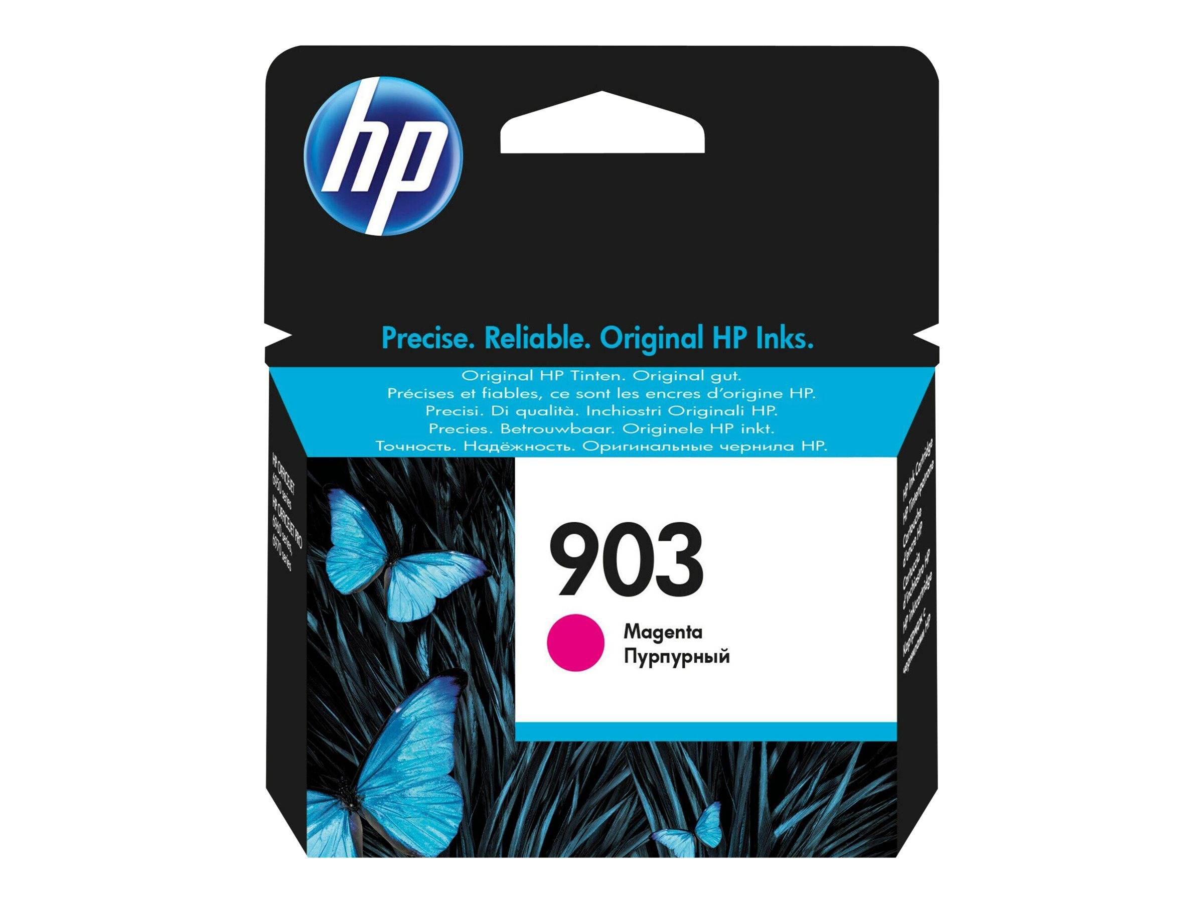 HP 903 Magenta-Druckerpatronen-Verpackung mit blauem Schmetterlingsdesign und Text „Präzise. Zuverlässig. Original HP-Tinten.
