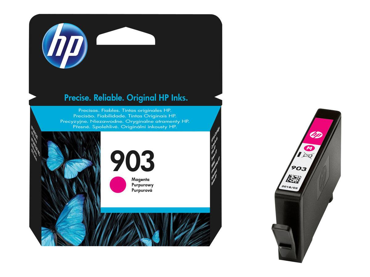 HP 903 Tintenpatrone in Magenta, deren Verpackung neben der Patrone abgebildet ist, mit der Kennzeichnung „Präzise. Zuverlässig. Original-HP-Tinten.