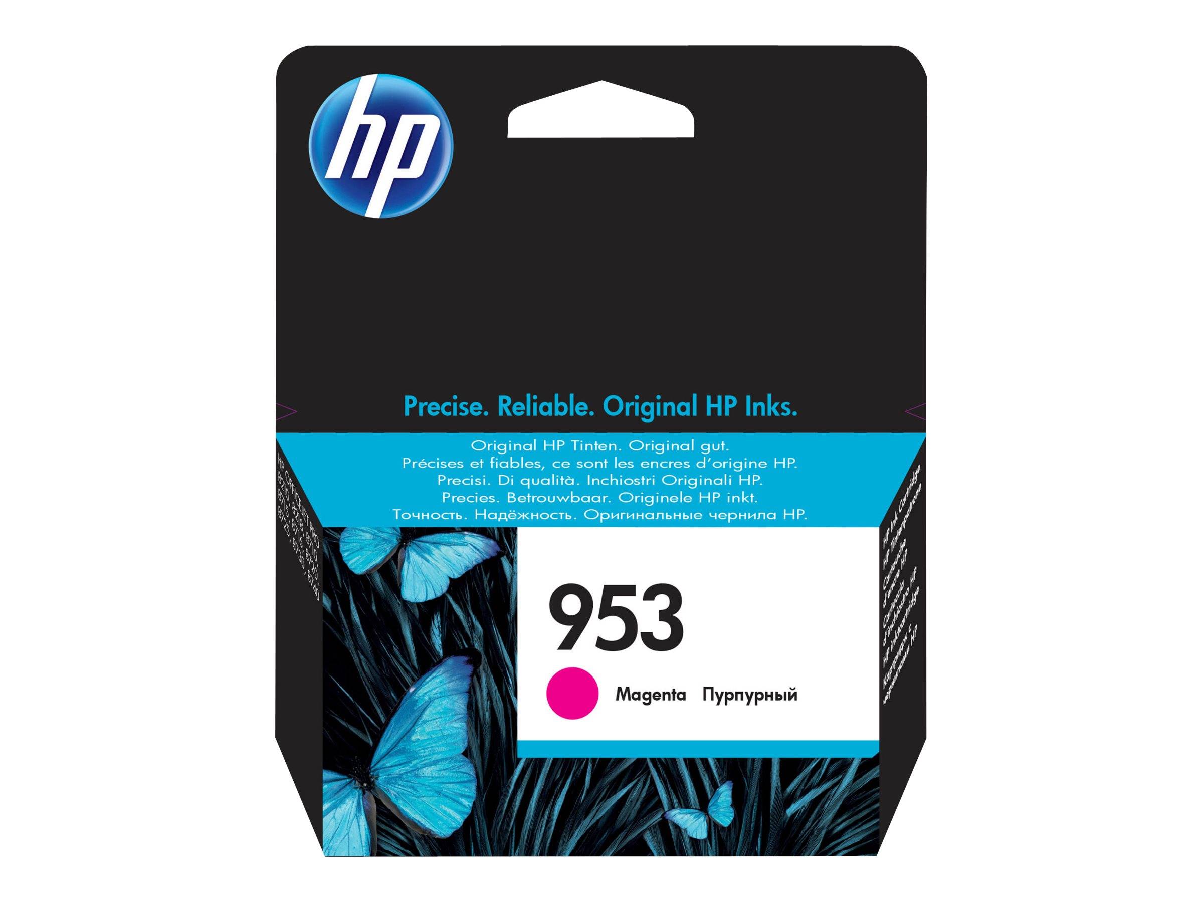 HP 953 Magenta-Tintenpatrone mit Schmetterlingsgrafix und Text „Präzise. Zuverlässig. Original HP Tinten.