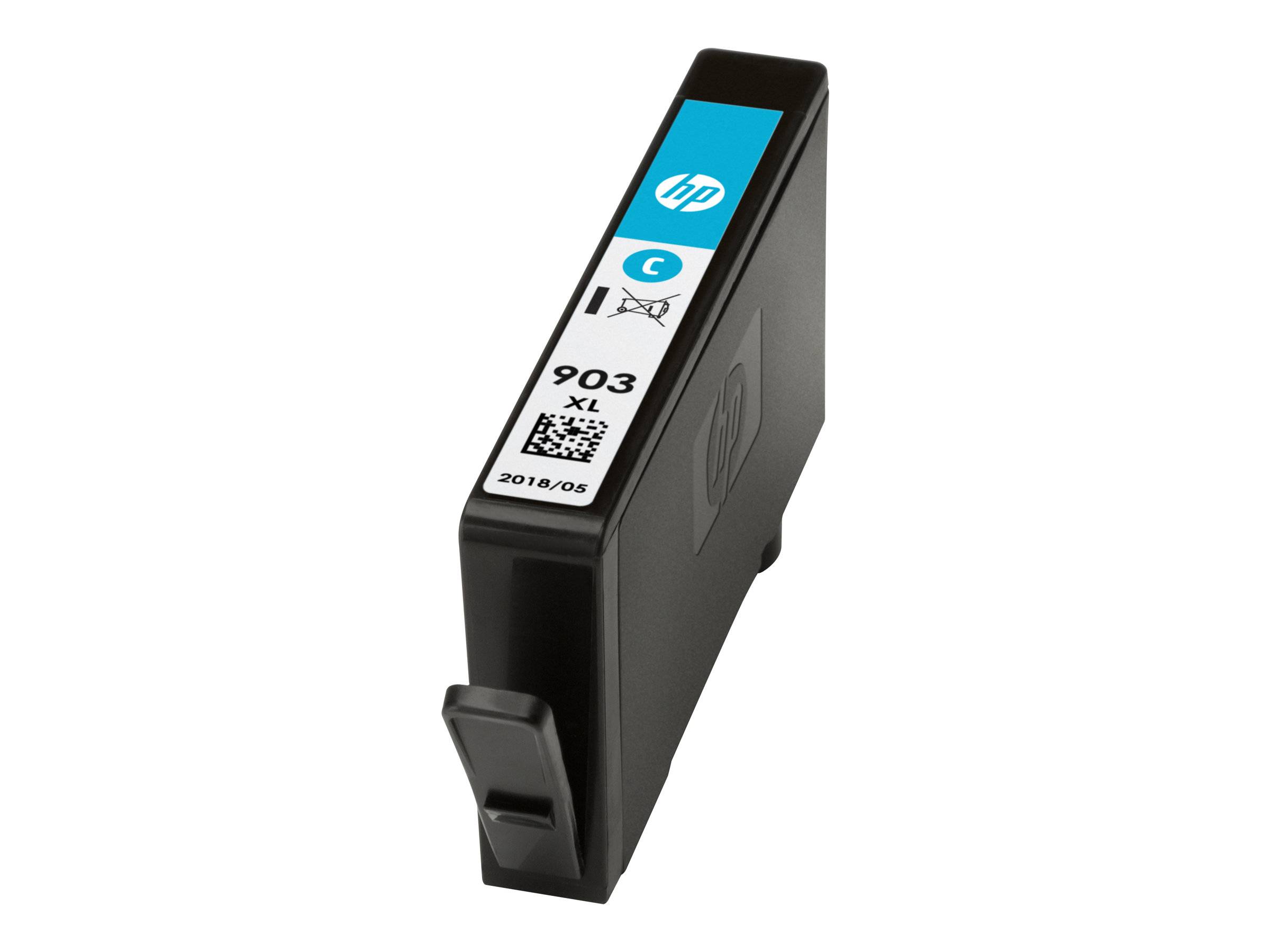 Schwarze HP 903 XL Cyan-Tintenpatrone in schrägem Winkel auf weißem Hintergrund dargestellt.