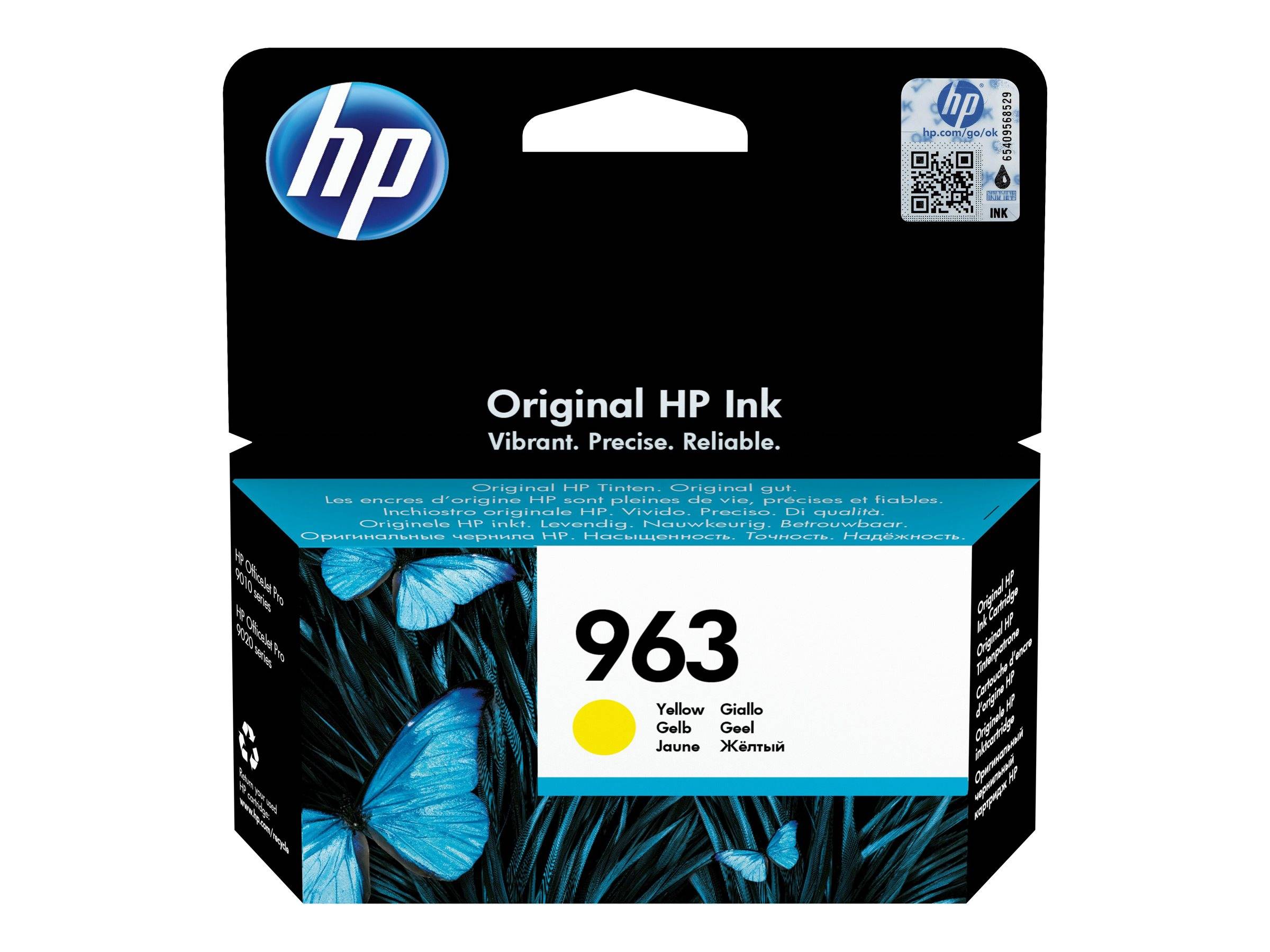 HP Original Tintenpatrone, Modell 963, Gelb, mit Schmetterlingsdesign und HP-Logo.