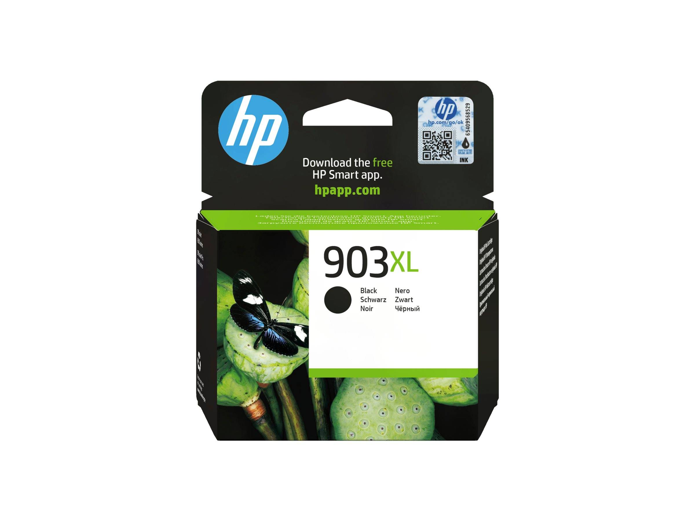 HP 903XL schwarze Tintenpatrone mit HP-Logo auf der Verpackung, der Nachricht „Laden Sie die kostenlose HP Smart App herunter