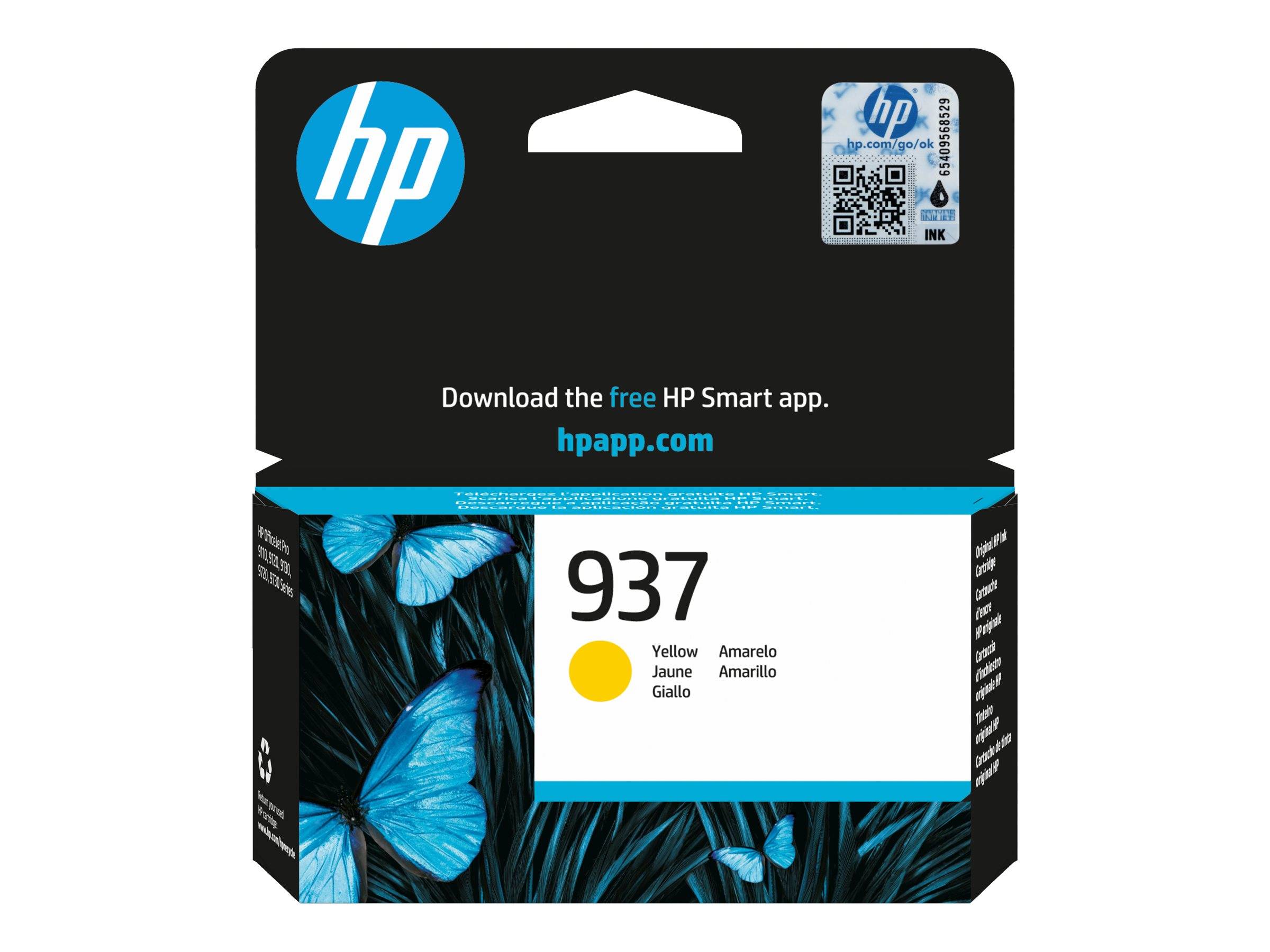 HP 937 gelbe Tintenpatrone mit QR-Code, HP-Logo und Text „Laden Sie die kostenlose HP Smart App herunter. hpapp.com