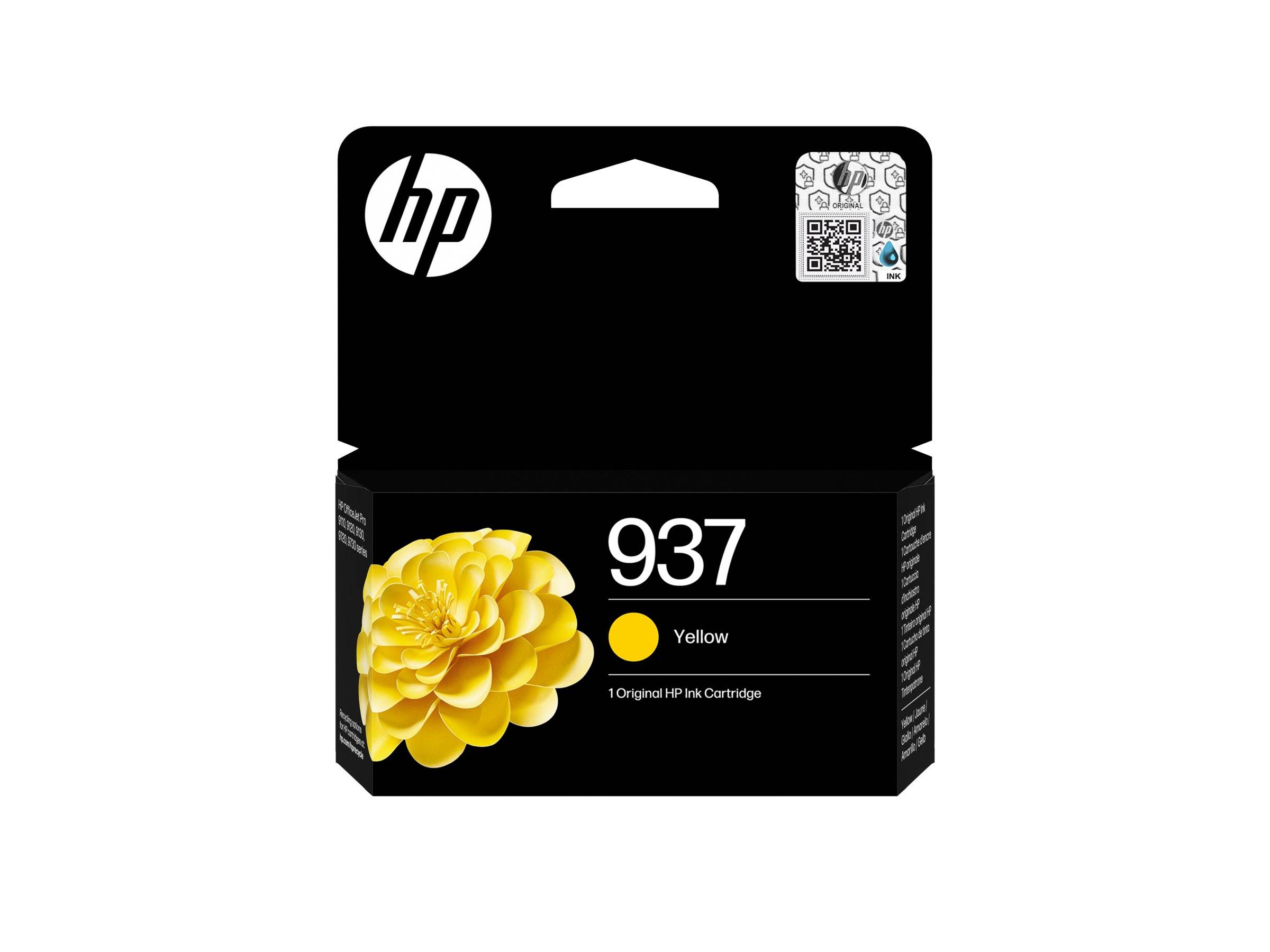 HP 937 gelbe Tintenpatrone mit HP-Logo und gelbem Blumenbild auf der Vorderseite.