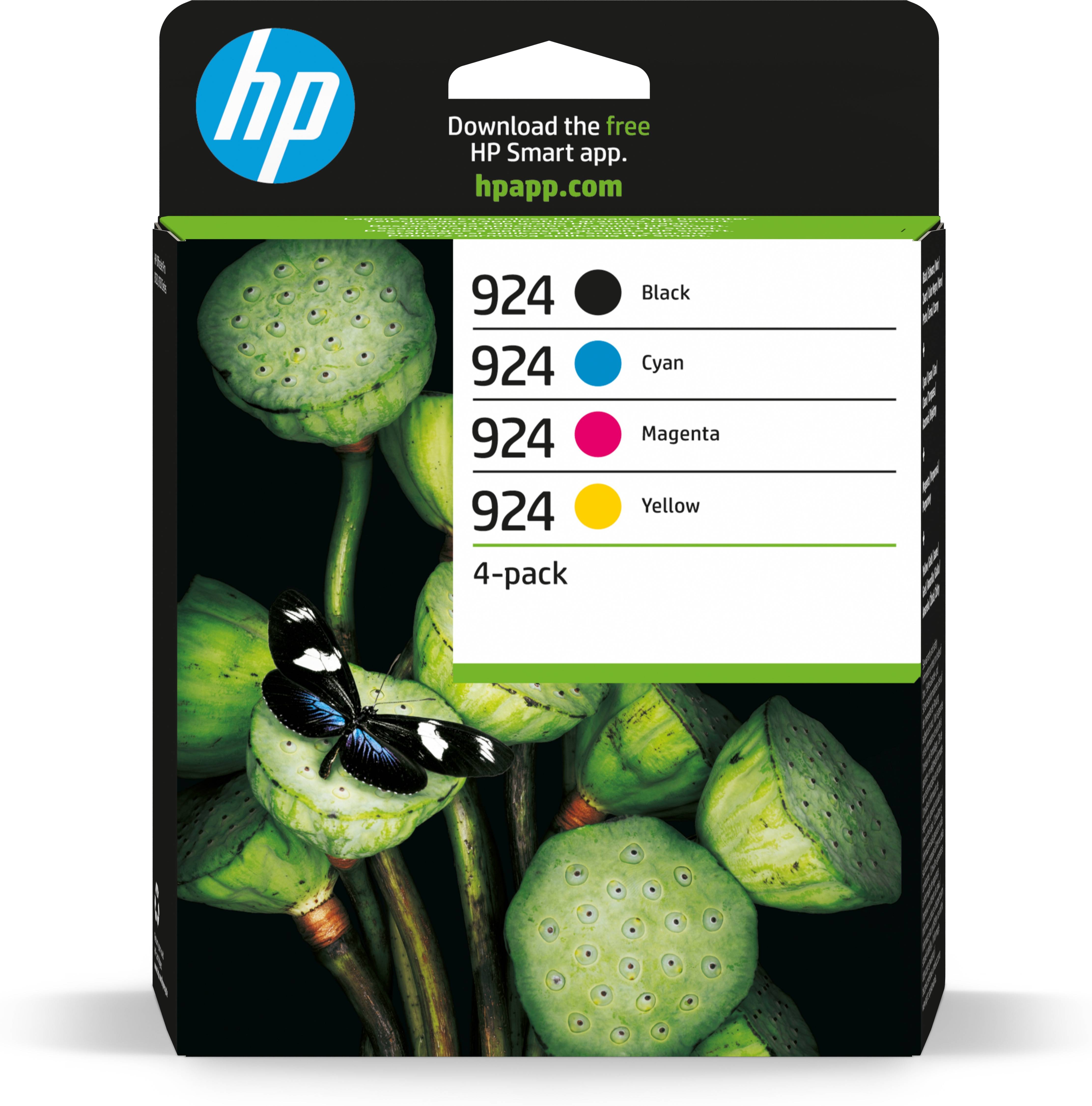 HP 924 Vier-Pack-Tintenpatrone, bestehend aus schwarzer, cyan-, magenta- und gelber Patrone, mit HP-Logo und Hinweis zum Download der Smart-App.