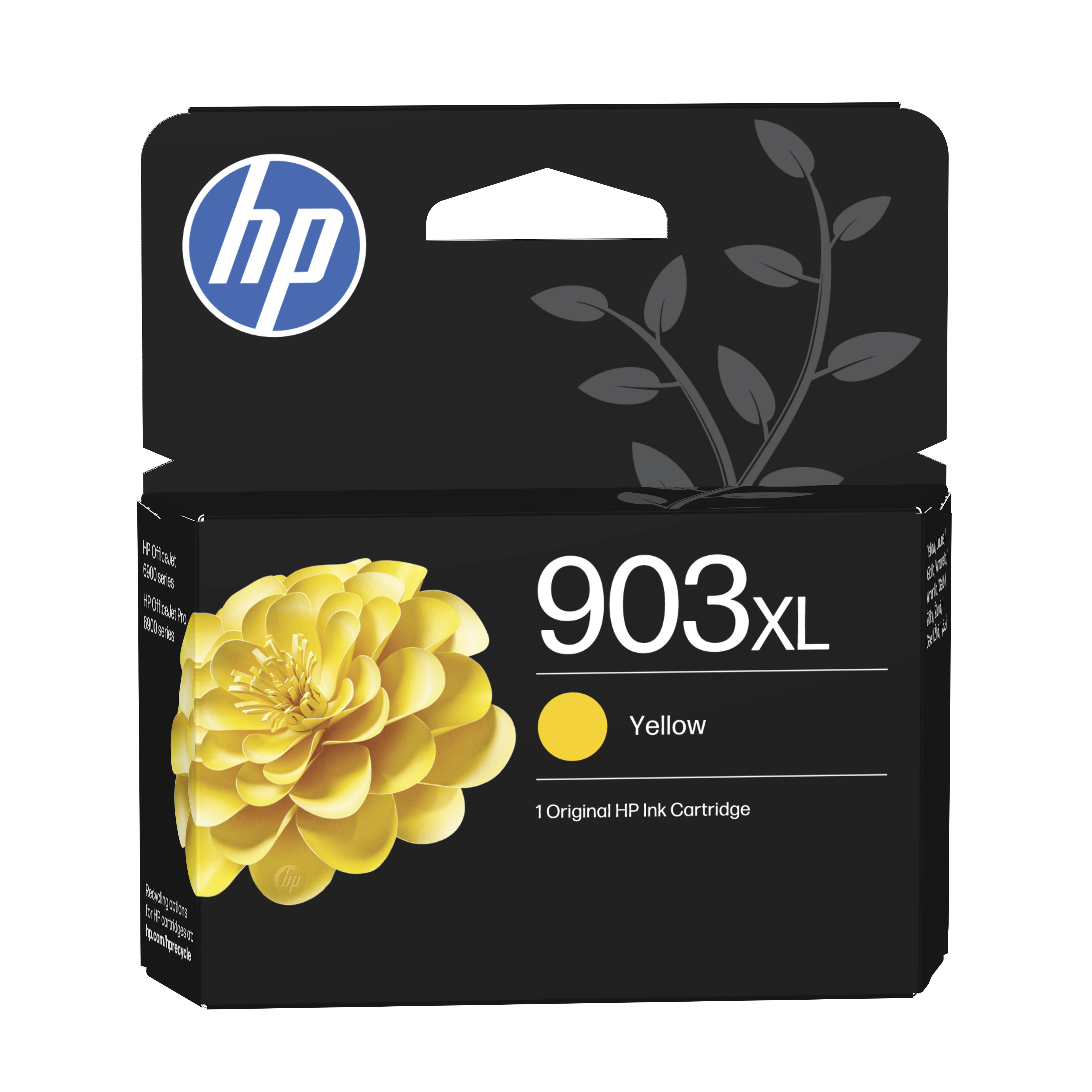 HP 903XL Gelb Original-Tintenpatrone Box mit gelbem Blumenbild und HP-Logo auf schwarzer Verpackung.