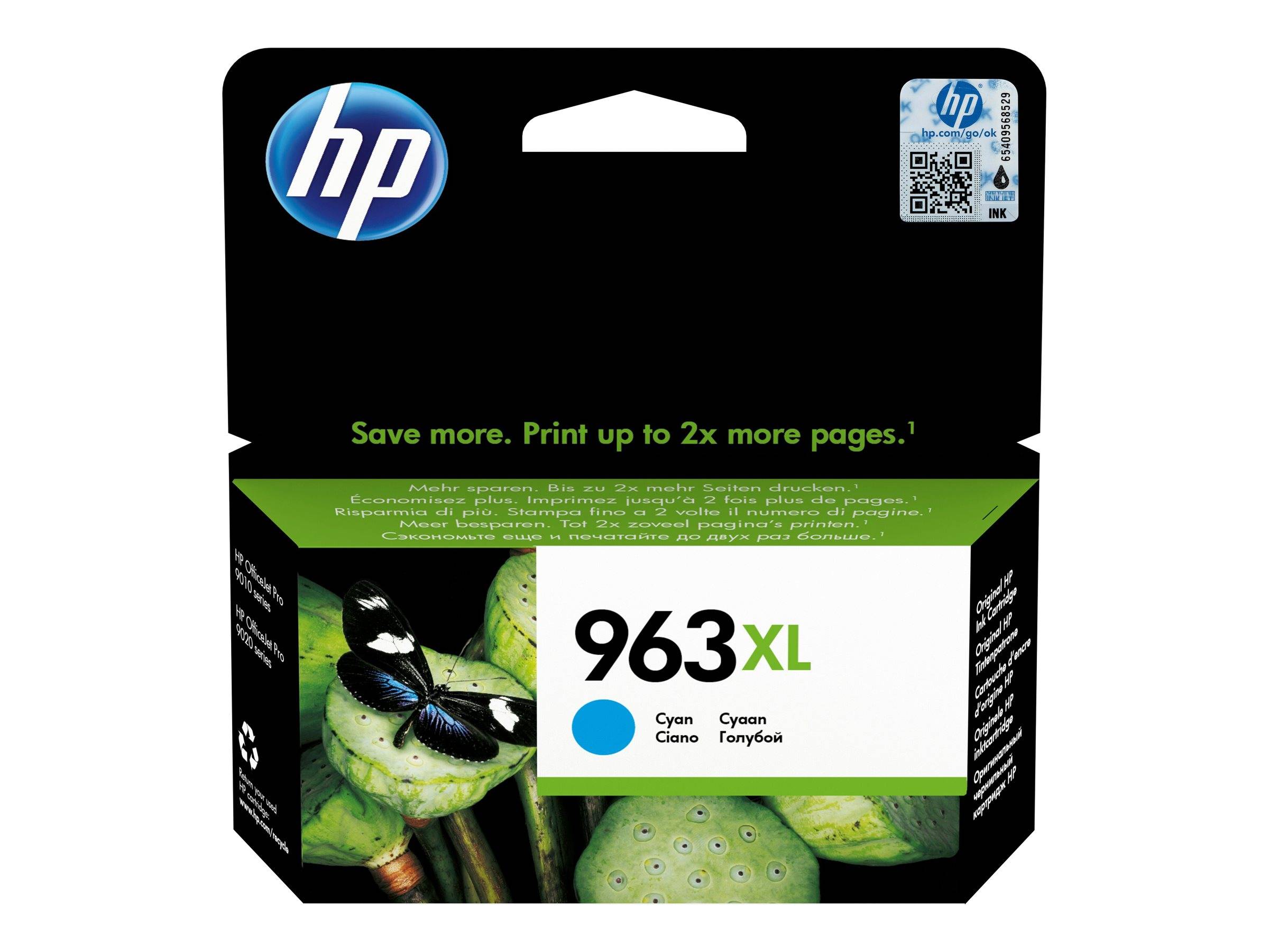 HP 963XL Cyan-Tintenpatrone mit Schmetterlings- und Lilienmotiv, gekennzeichnet mit „Sparen Sie mehr. Drucken Sie bis zu 2x mehr Seiten.