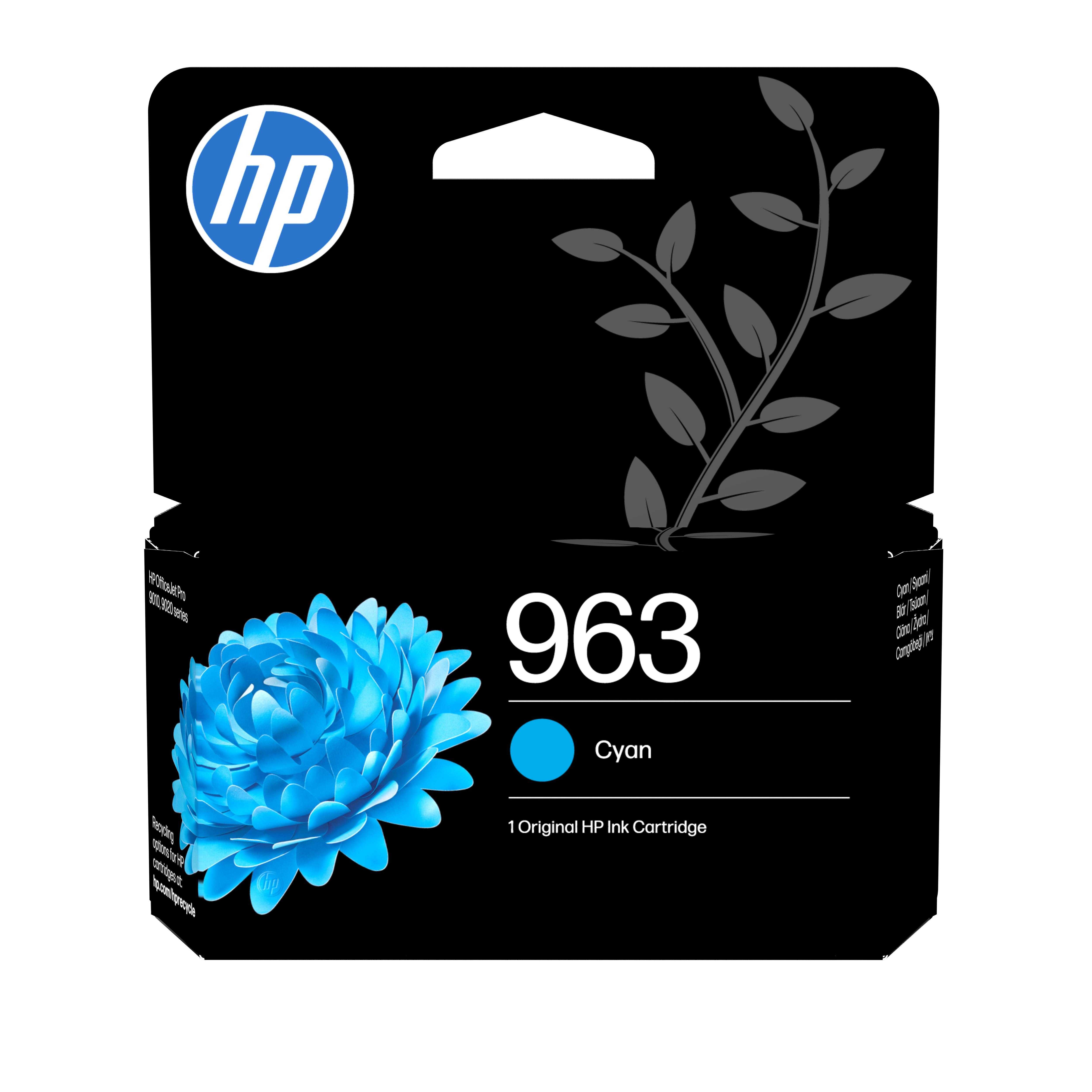 HP 963 Original-Tintenpatrone in Cyan – Verpackung mit blauem Blumenbild und HP-Logo auf schwarzem Karton.