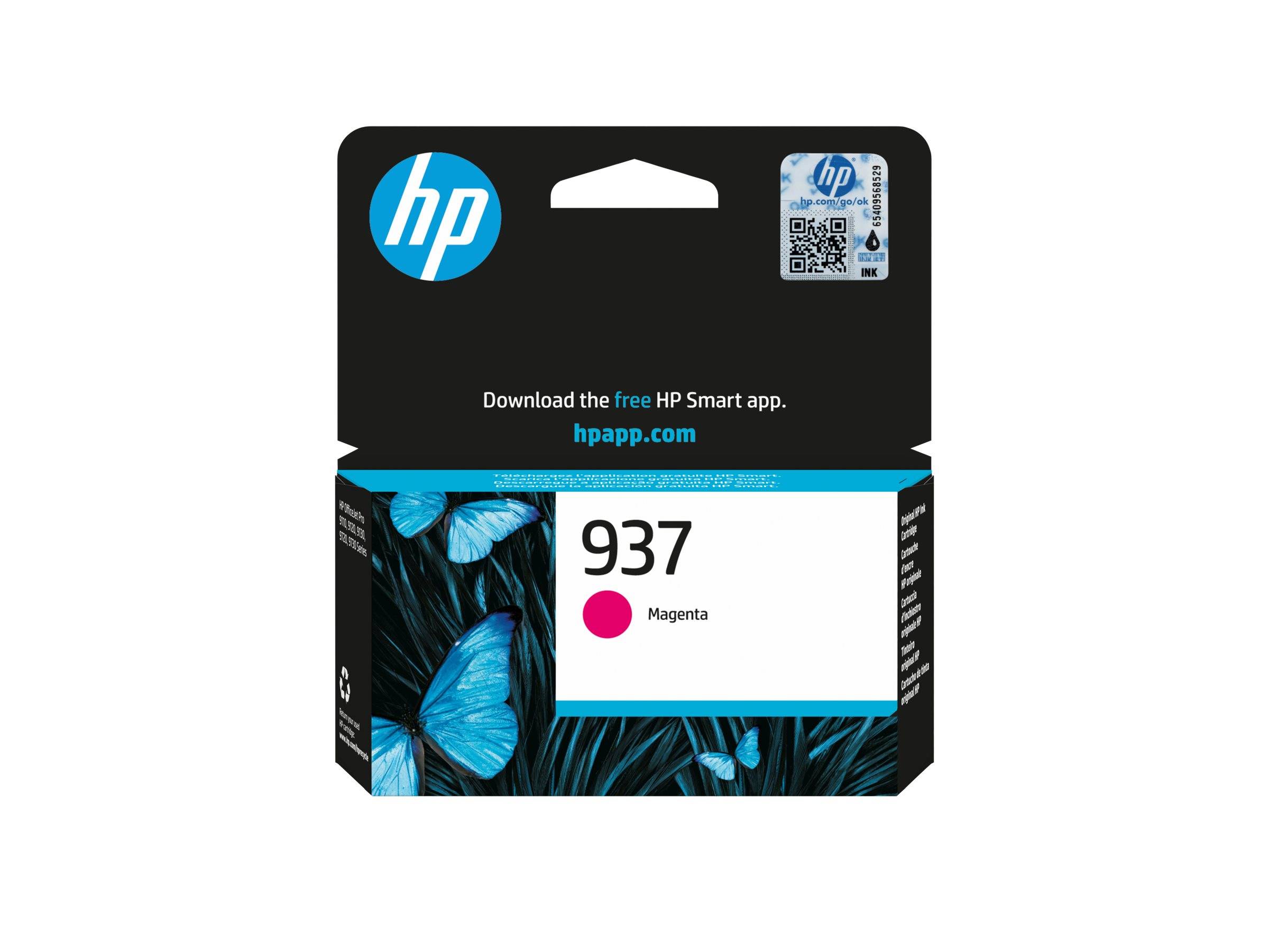 HP 937 Magentadruckpatrone in einer Schachtel mit HP-Logo, QR-Code und blauem Schmetterlingsdesign; auf der Schachtel steht „Laden Sie die kostenlose HP Smart App herunter. hpapp.com