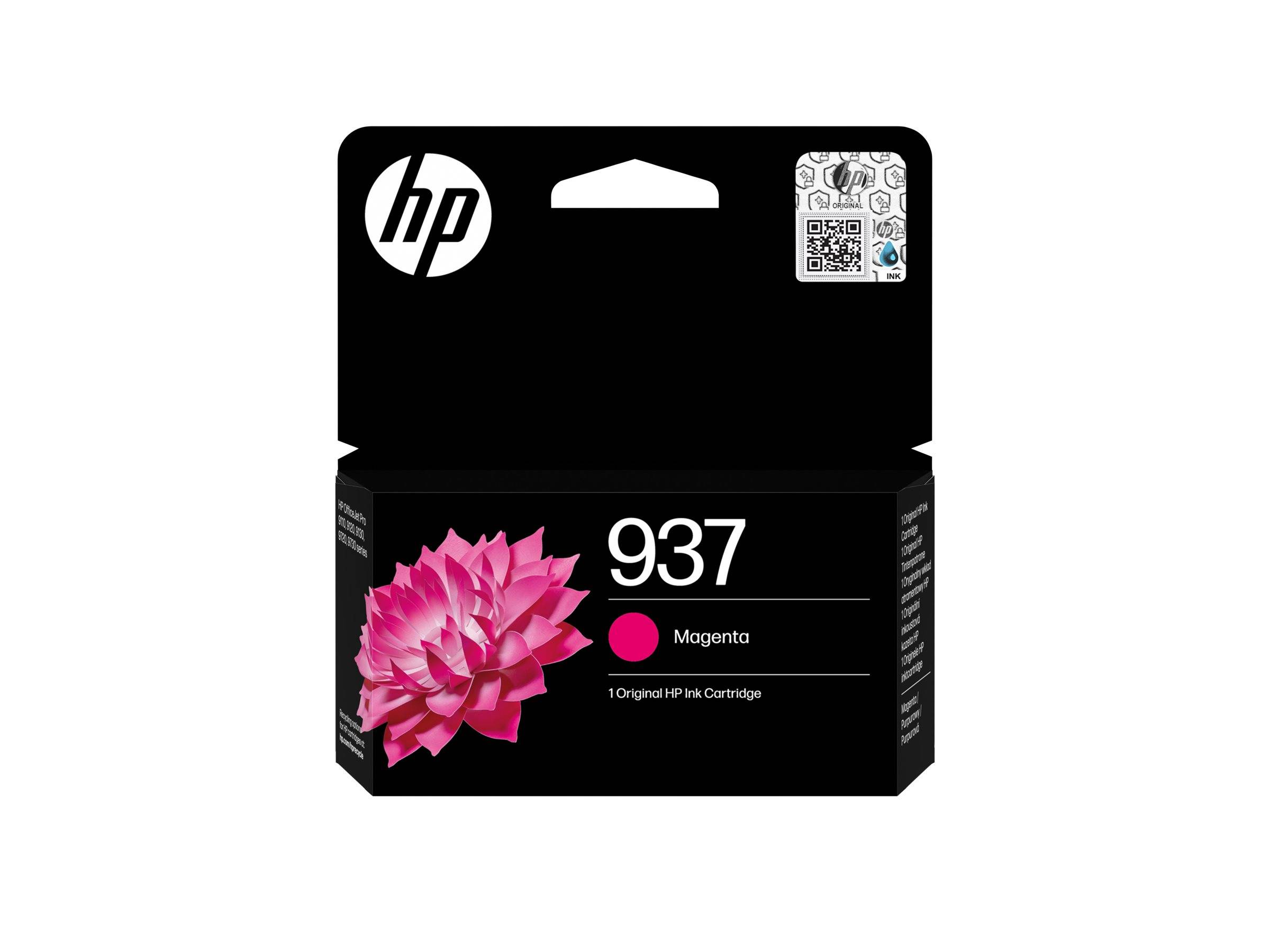HP 937 Magenta-Tintenpatrone in einer Schachtel mit rosa Blumengrafik und HP-Logo auf schwarzem Paket.