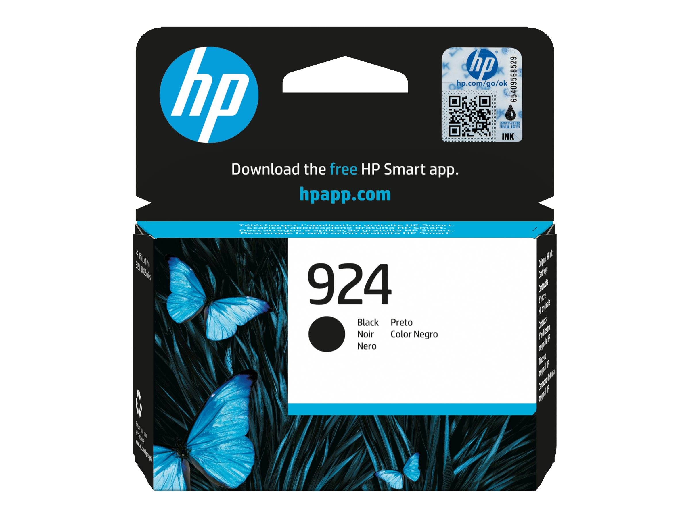 HP 924 schwarze Tintenpatrone mit blauem Schmetterlingsdesign und 
