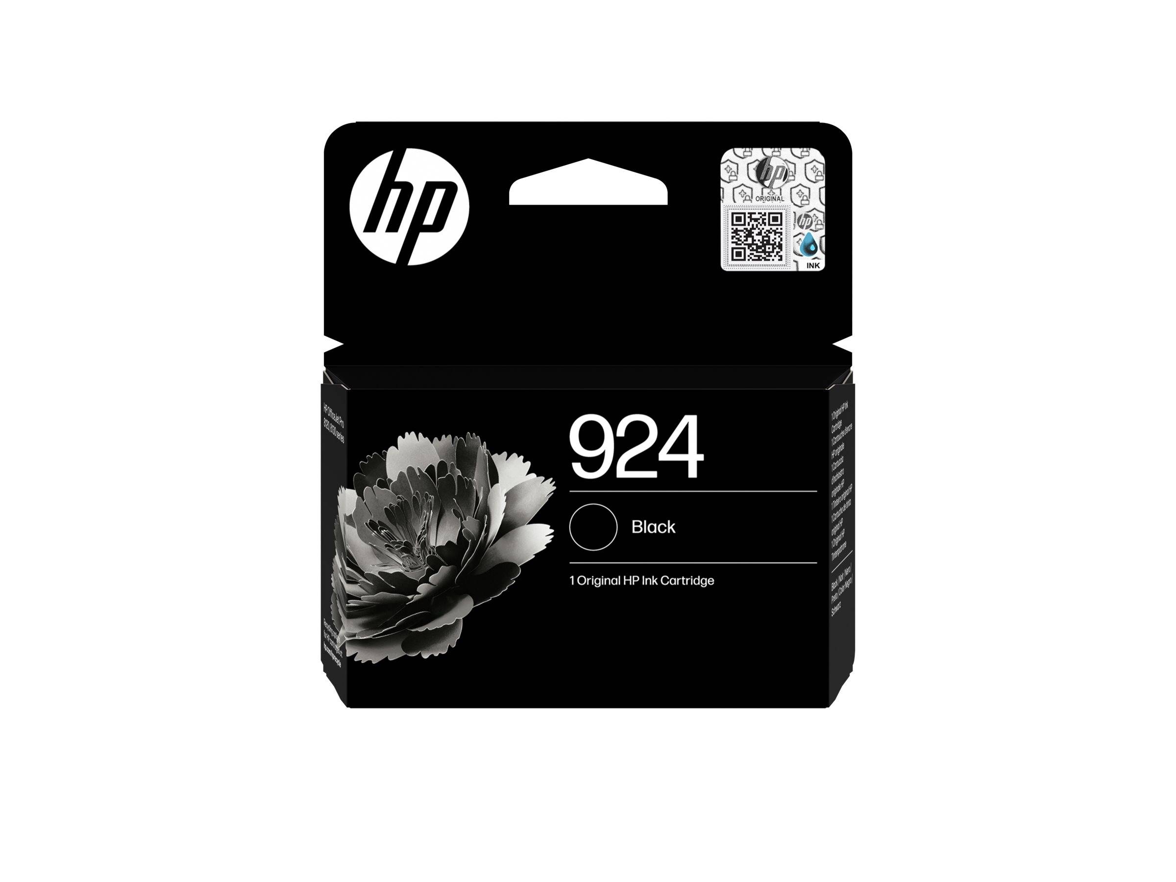 HP 924 schwarze Tintenpatrone in einer Verpackung mit HP-Logo und Blumengrafik auf einer schwarzen Box.