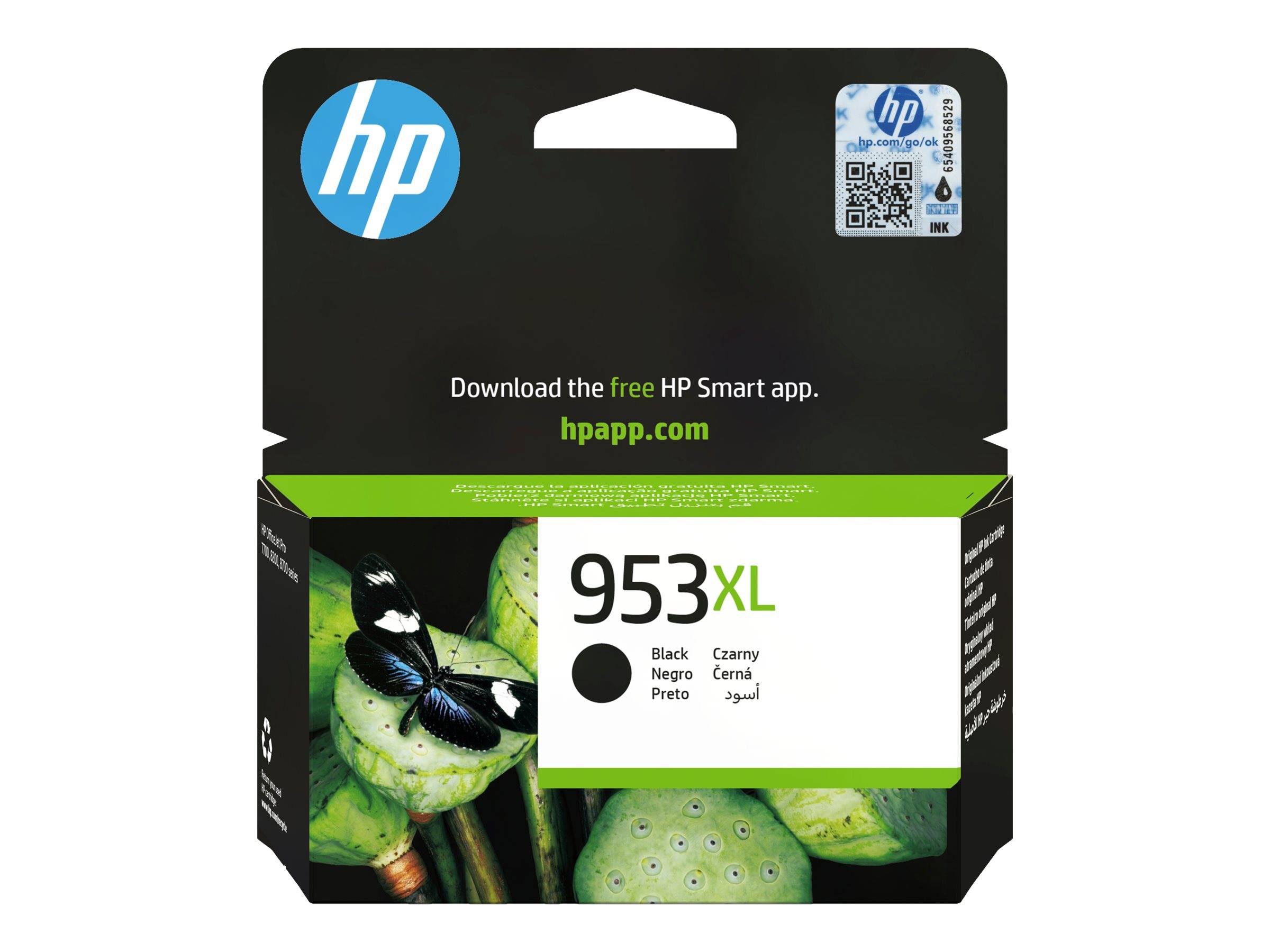HP 953XL schwarze Tintenpatrone in einer Verpackung mit HP-Logo, QR-Code und Text „Laden Sie die kostenlose HP Smart App herunter. hpapp.com