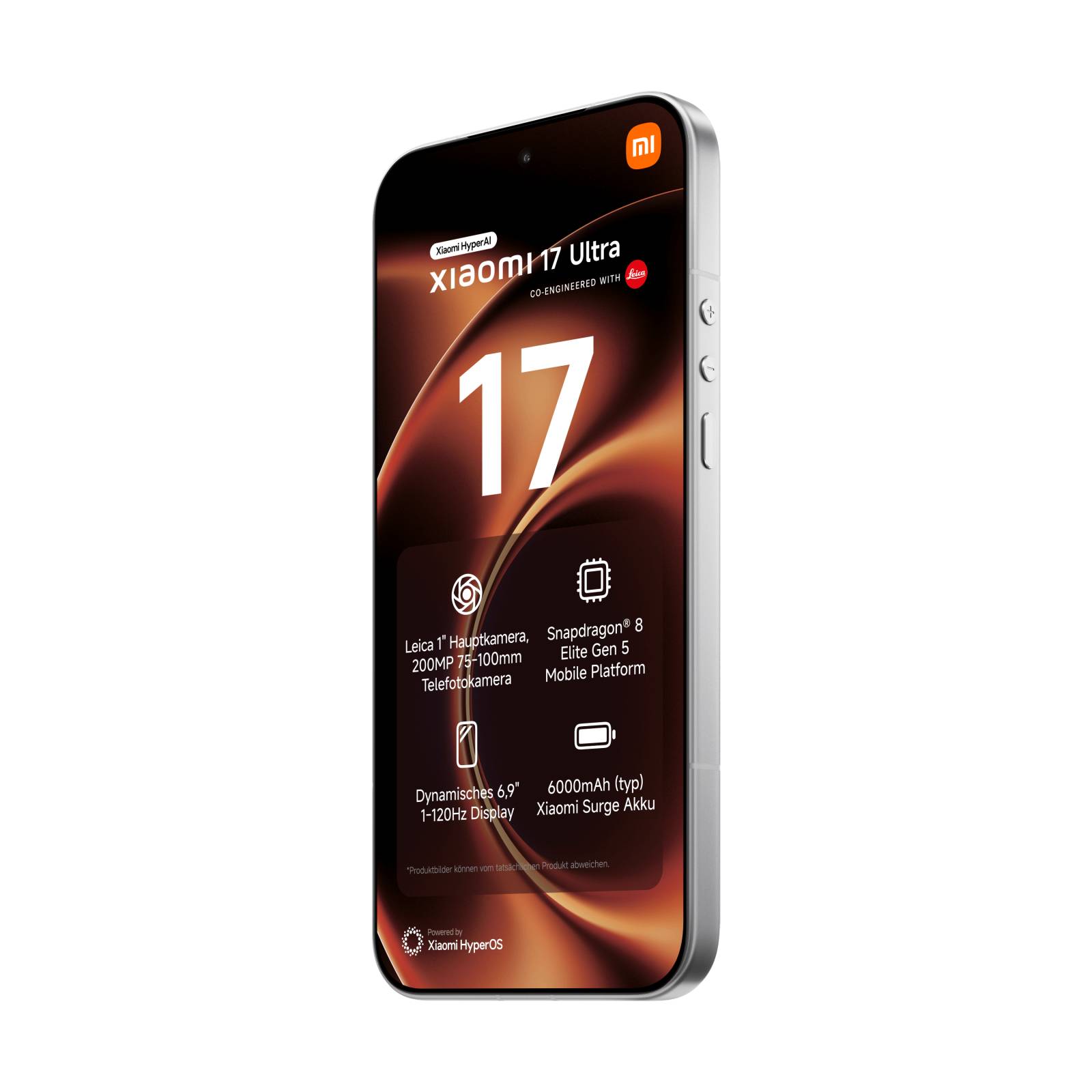 Werbebild eines Xiaomi 17 Ultra Smartphones von vorne und von der Seite gezeigt, auf dem Display werden 