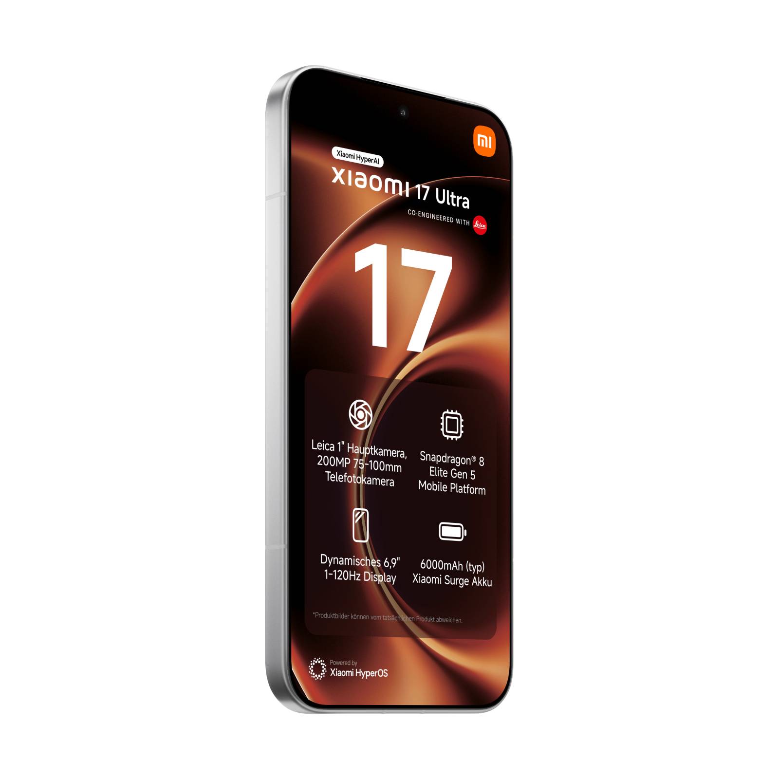 Xiaomi 17 Ultra Smartphone in Schrägansicht auf schwarzem Hintergrund mit großer 