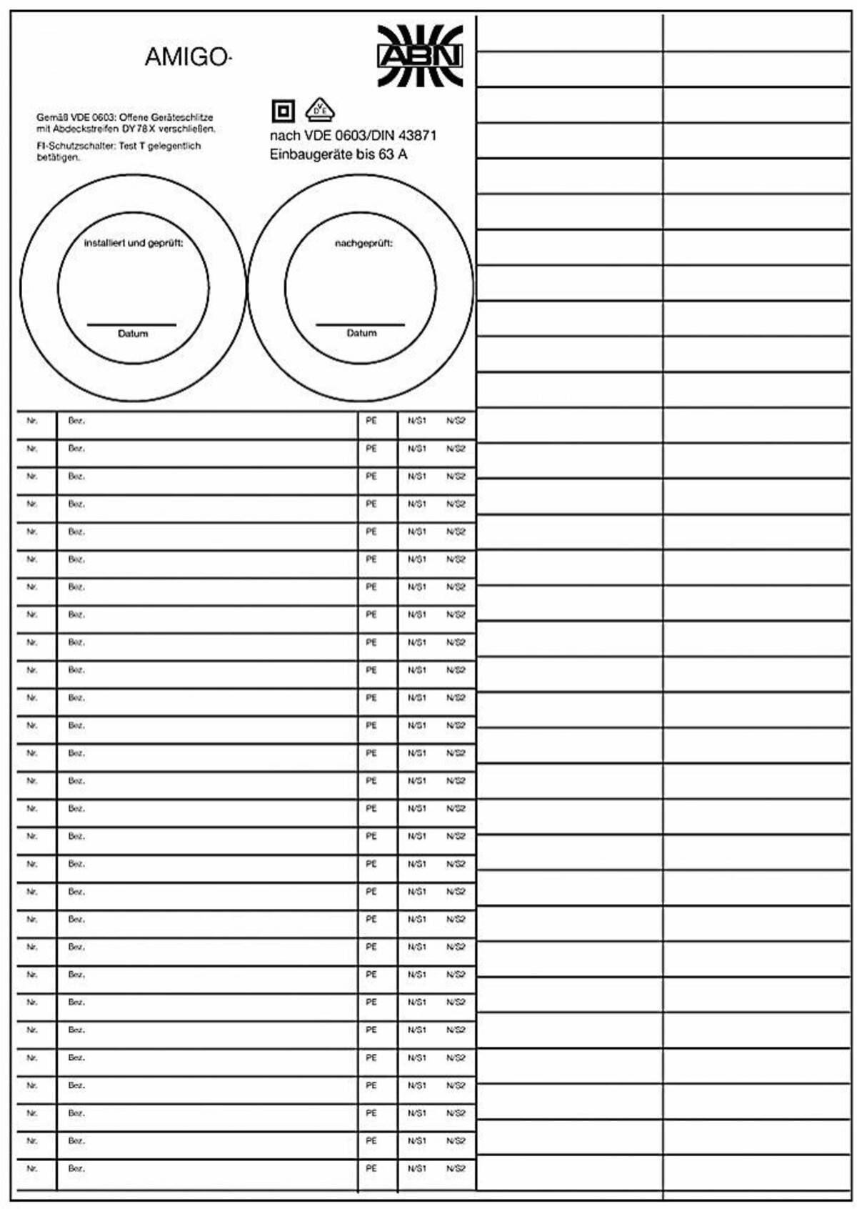 Leeres AMIGO-Formular/Template mit VDE 0603/DIN 43871-Etikett, zwei kreisförmigen Abschnitten für Installation und Isolierung, und einer langen Tabelle mit leeren Zeilen.