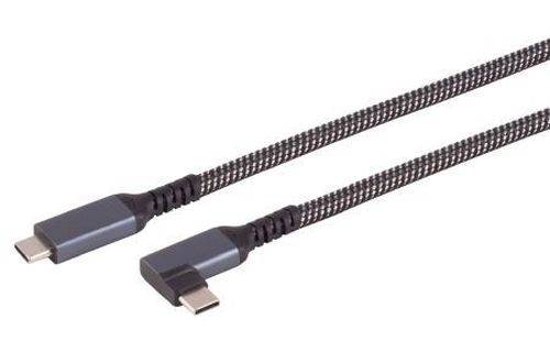 Ein USB-C-Kabel mit abgewinkelten Steckern an beiden Enden, das ein geflochtenes Design für zusätzliche Langlebigkeit bietet.