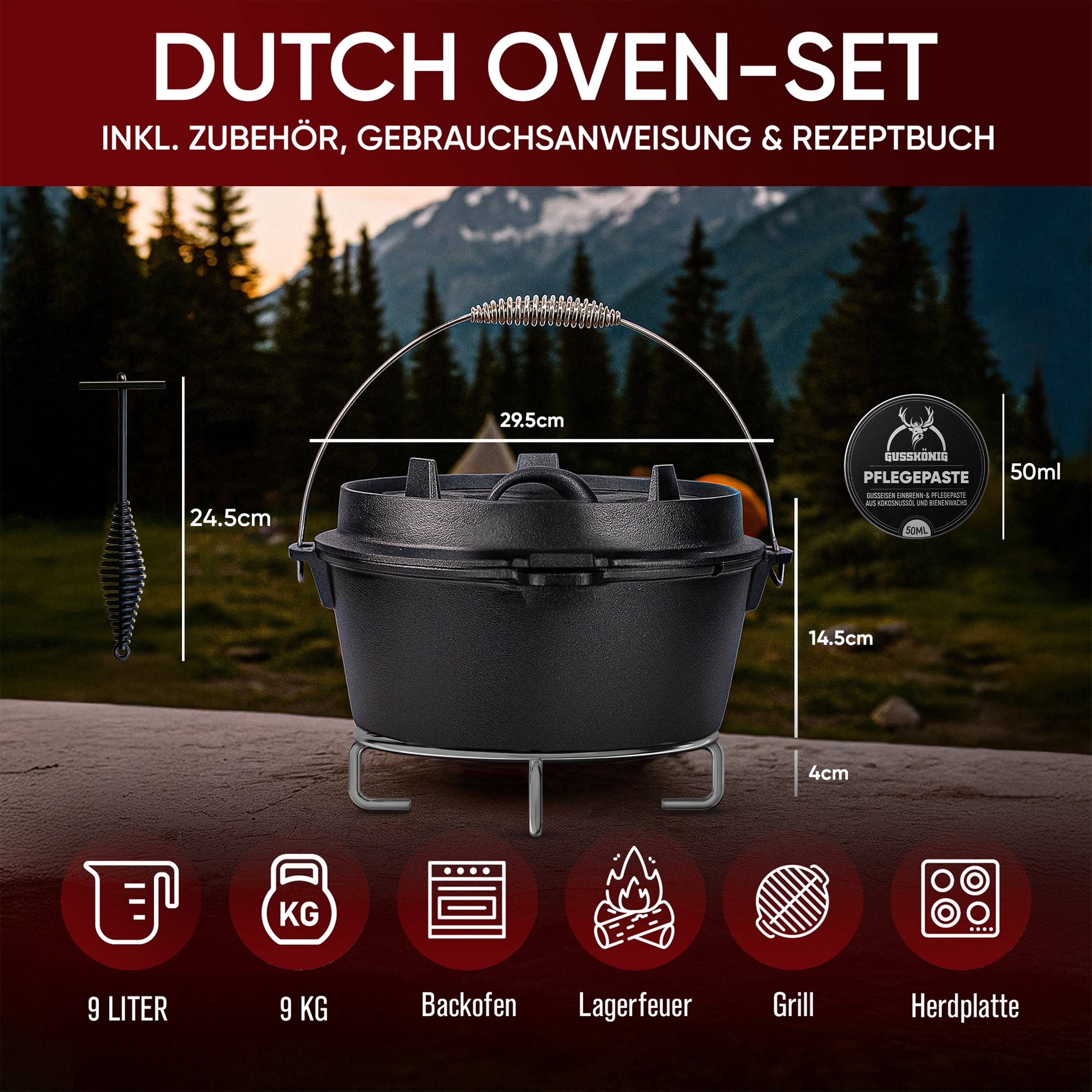 GUSSKÖNIG Dutch Oven Klassisch Topf ohne Füßen 9Liter Set