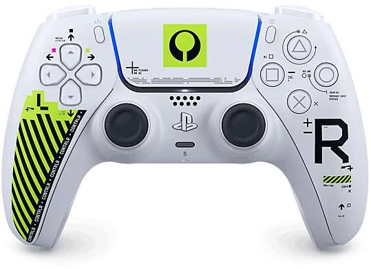 Ein weißer Gaming-Controller mit schwarzen und hellgrünen Button-Akzenten zeigt ikonische Symbole und zwei Joysticks. Die Mitte hat ein hellgrünes Quadrat mit einem schwarzen Kreisdesign.