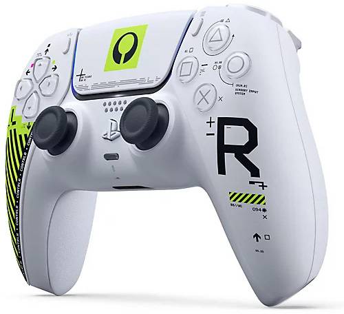 Ein weißer Gaming-Controller mit schwarzen und grünen Akzenten, der verschiedene Symbole und Buchstaben aufweist. Er verfügt über zwei Joysticks und Tasten.
