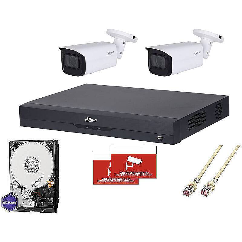 Dahua Set IP 2x Bullet 4MPx PoE + 8-CH NVR, Set-Inhalt:2x Aufkleber, NVR Rekorder, 4 TB Festplatte, 2x Bullet Kamera, 2