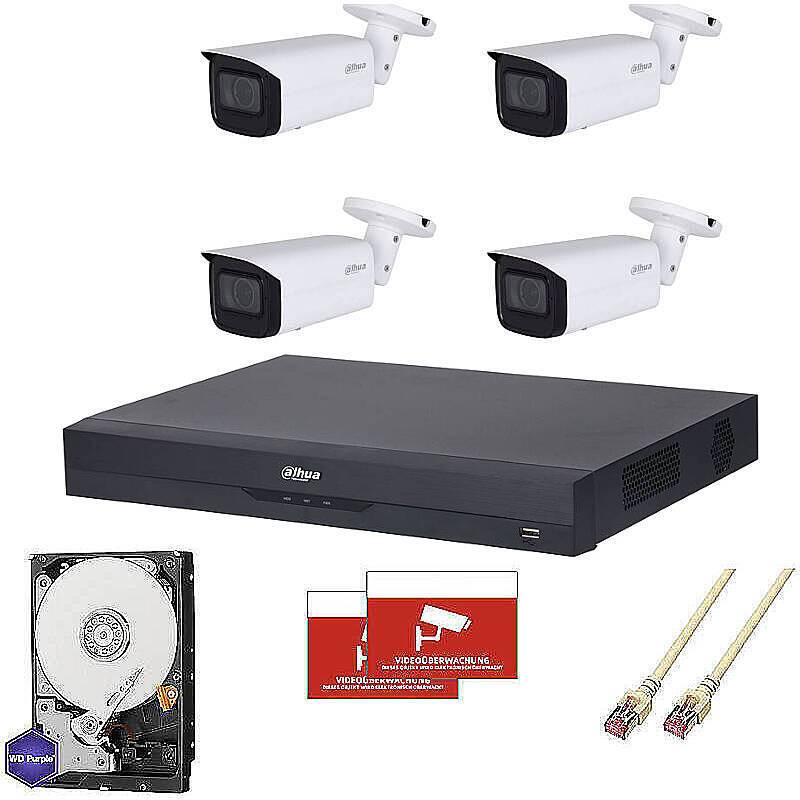 Dahua Set IP 4x Bullet 4MPx PoE + 8-CH NVR, Set-Inhalt:2x Aufkleber, 4x Bullet Kamera, NVR Rekorder, 4 TB Festplatte, 4