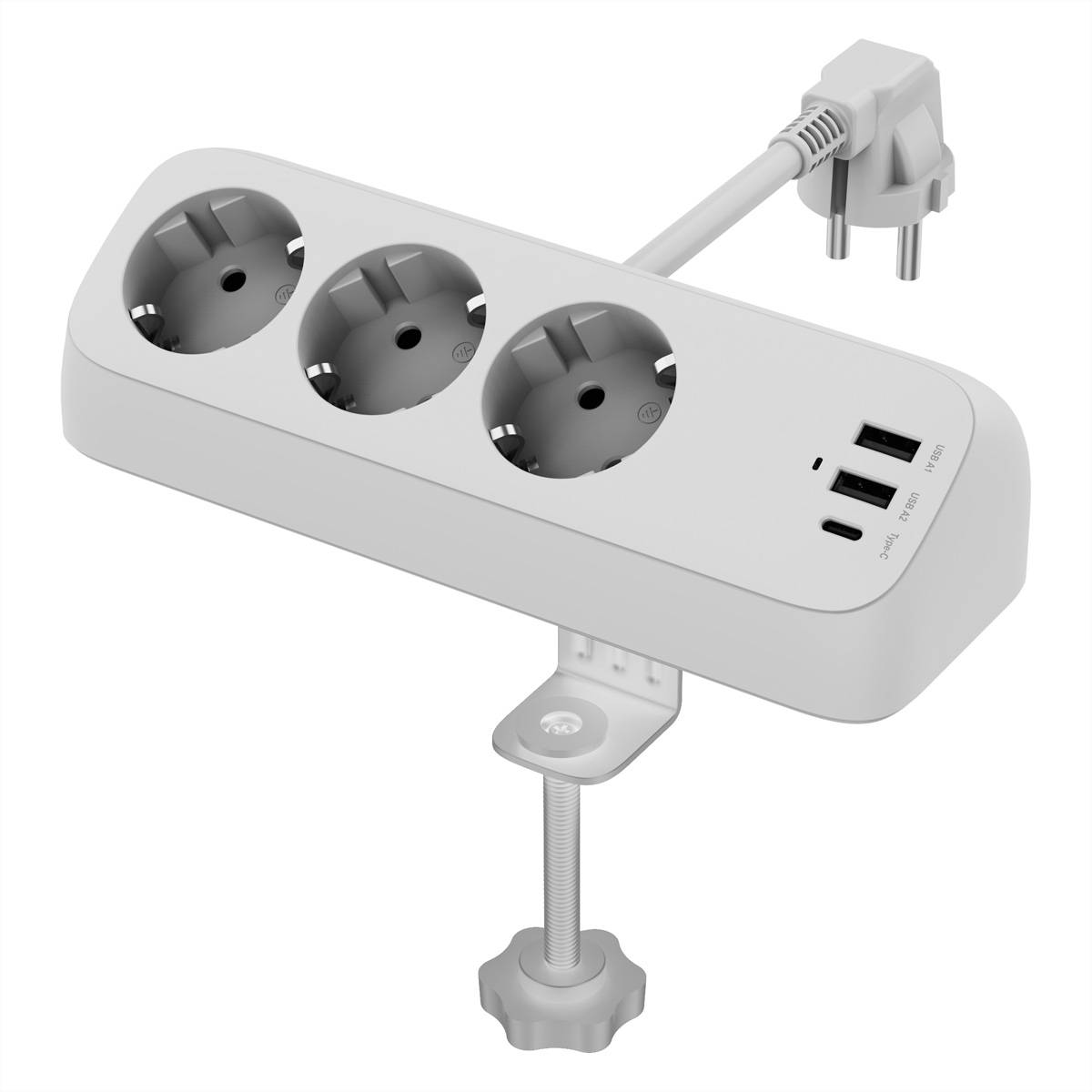 VALUE Tisch-Steckdosenleiste, 3fach mit Tisch-Klemme, inkl. USB-Charger (2x USB-A, 1x USB-C), 1,5 m