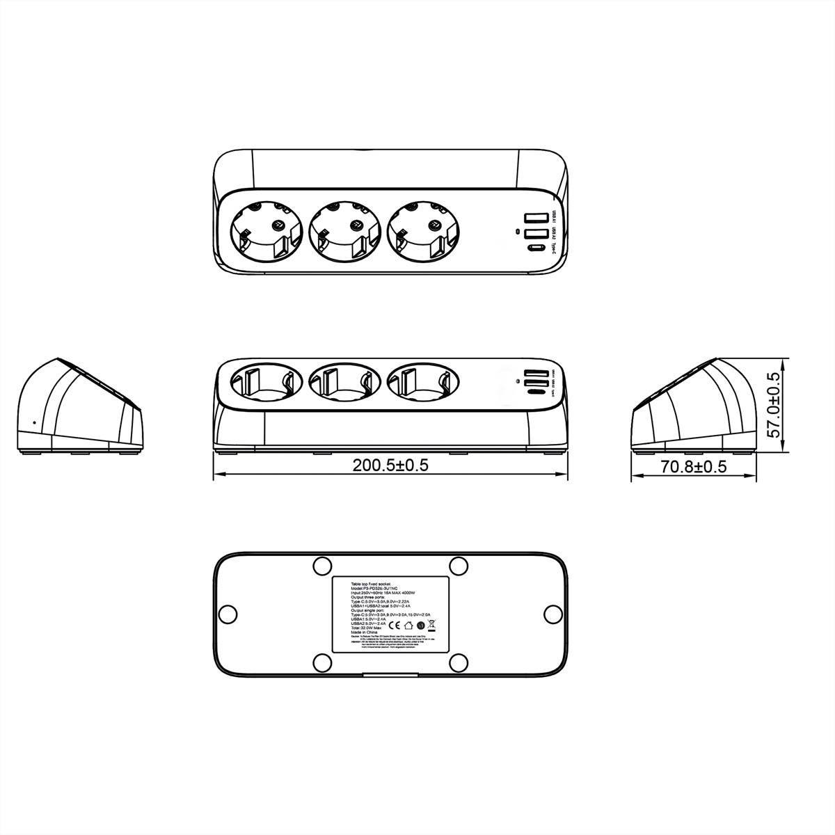 VALUE Tisch-Steckdosenleiste, 3fach mit Tisch-Klemme, inkl. USB-Charger (2x USB-A, 1x USB-C), 1,5 m