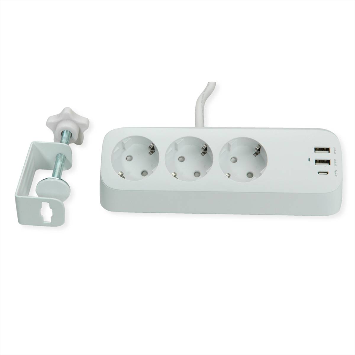 VALUE Tisch-Steckdosenleiste, 3fach mit Tisch-Klemme, inkl. USB-Charger (2x USB-A, 1x USB-C), 1,5 m