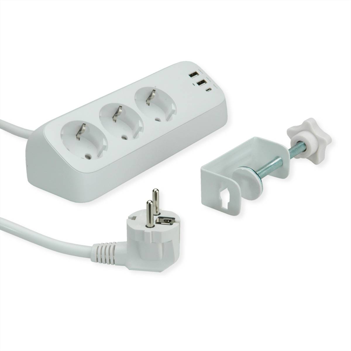 VALUE Tisch-Steckdosenleiste, 3fach mit Tisch-Klemme, inkl. USB-Charger (2x USB-A, 1x USB-C), 1,5 m