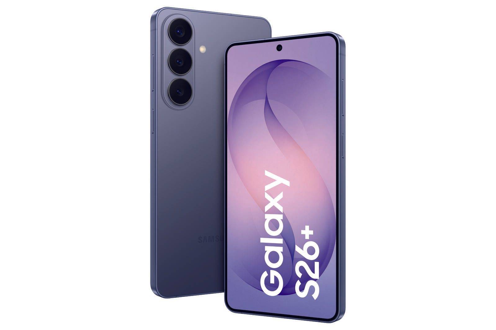 Samsung Galaxy S26+ Smartphone in Lila von vorne und hinten gezeigt, mit dreifach Rückkameras und 