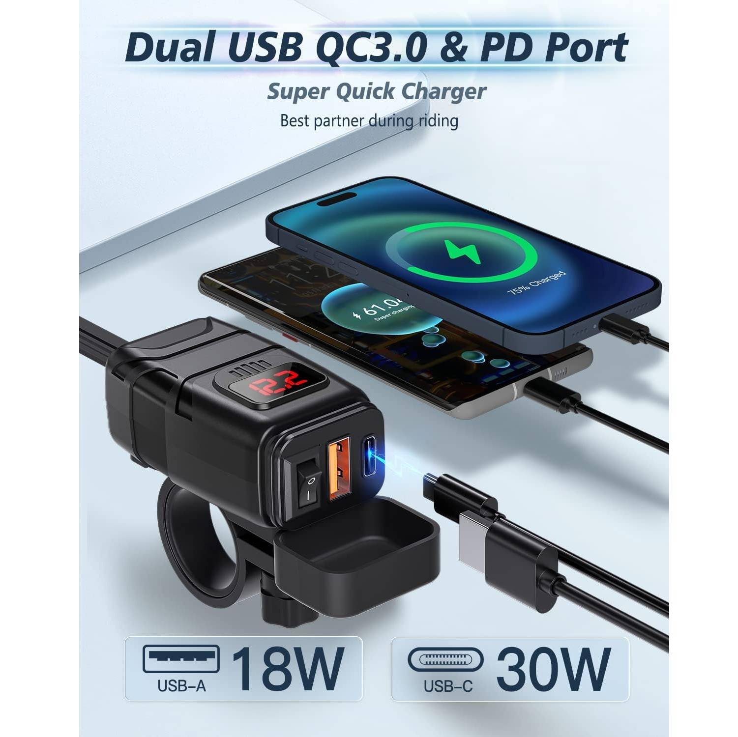 USB-C / USB-Schnellladegerät für Auto und Motorrad Black