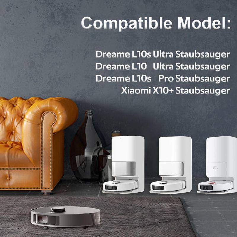 Produktanzeige für einen Roboterstaubsauger kompatibel mit 'Dreame L10s Ultra', 'Dreame L10 Ultra', 'Dreame L10s Pro' und 'Xiaomi X10+