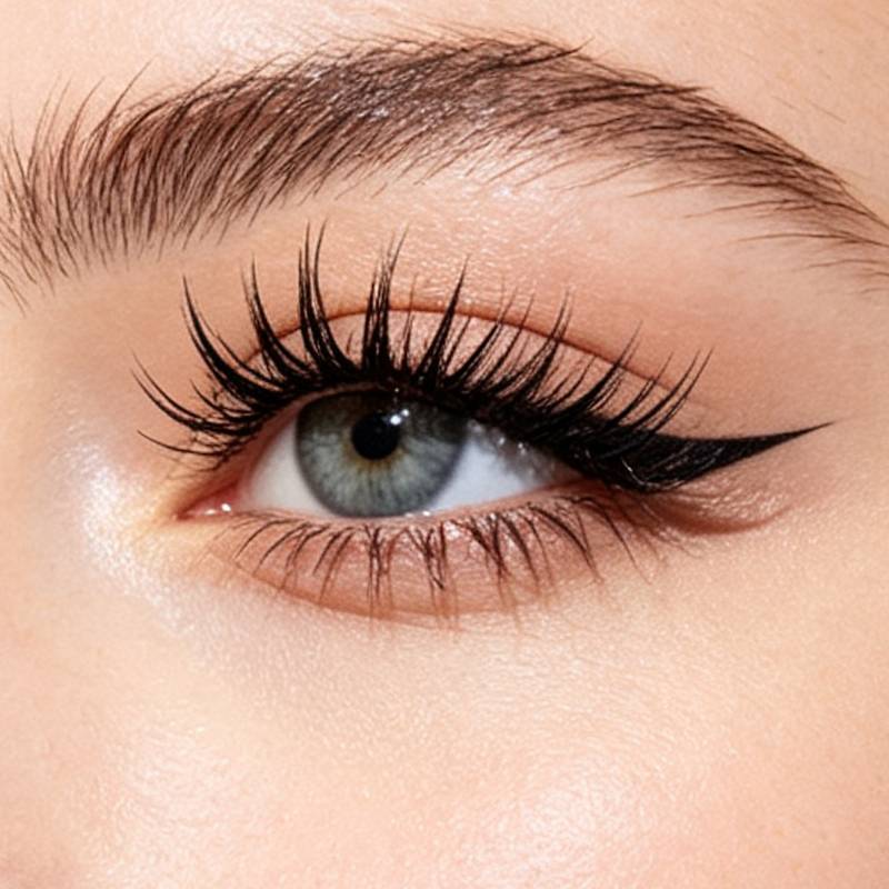 Nahaufnahme eines geschminkten Auges mit langen getuscten Wimpern und dunklem geflügeltem Eyeliner auf heller Haut.