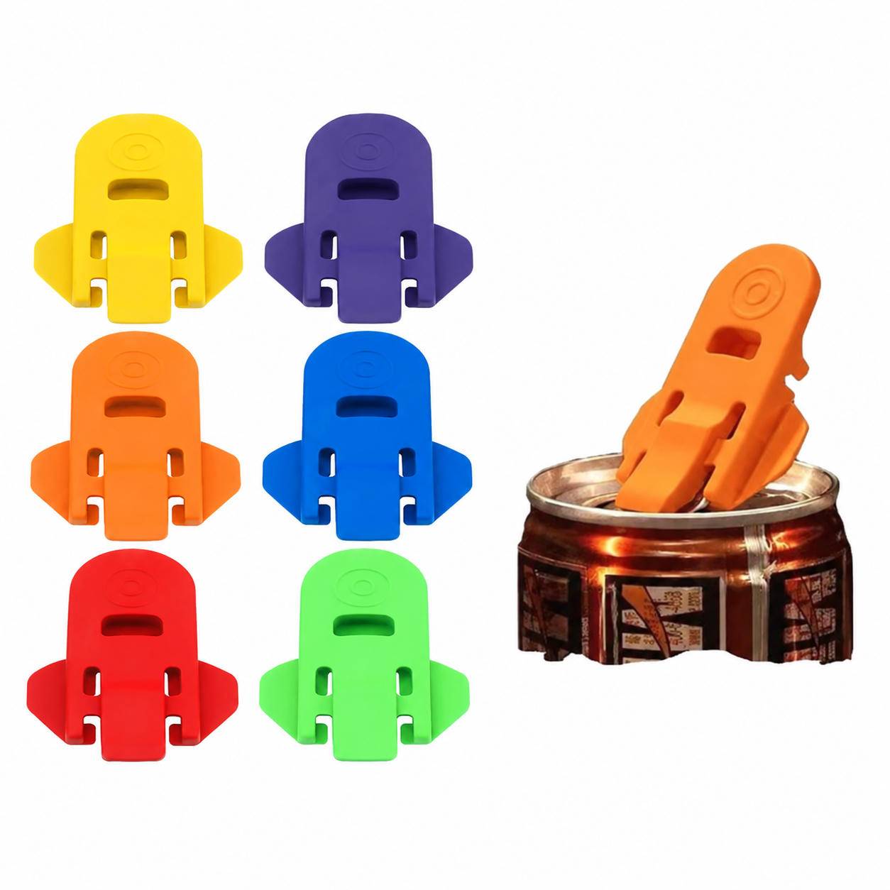 Farbenfrohe Silikon-Dosenöffner im Taben-Design in sechs Farben, wobei ein orangefarbener Öffner an einer Dose aufgehängt ist, um das Öffnen zu erleichtern.