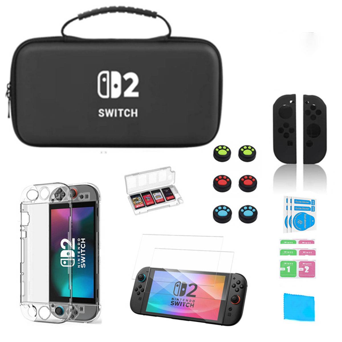 Nintendo Switch 2 Zubehörset bestehend aus einer Schutztasche, Konsolengriffe, Joy-Con-Controllern, Daumenaufsätzen, Displayschutzfolien, Spielkartenetui und Reinigungstuch.