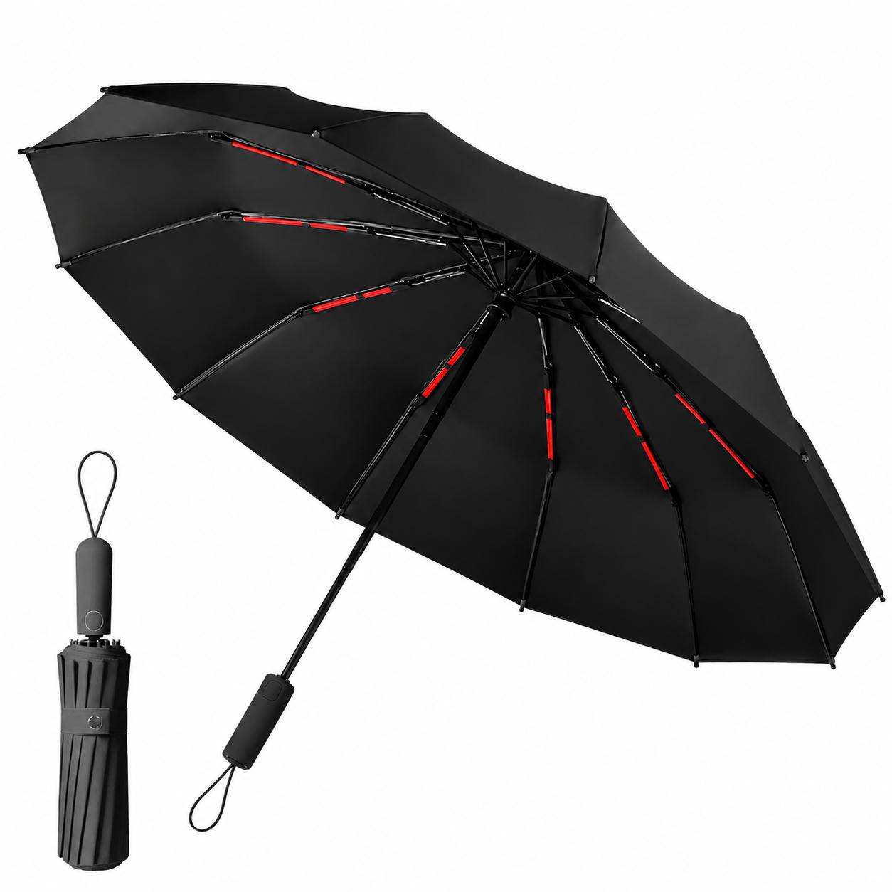 Vollautomatischer Regenschirm mit 48 Rippen – Sturmfester Drachenknochen-Regenschirm Black