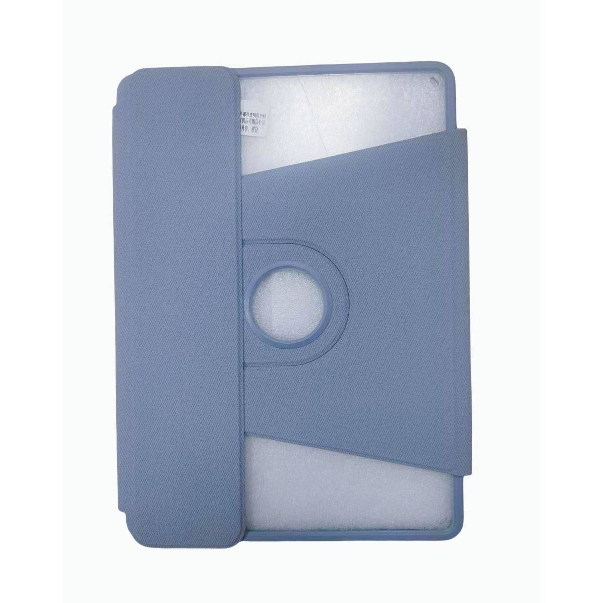 Blauer Tablet-Foliohülle mit Vorderlasche und kreisförmigem drehbarem Handgriff, geschlossen auf weißem Hintergrund gezeigt.