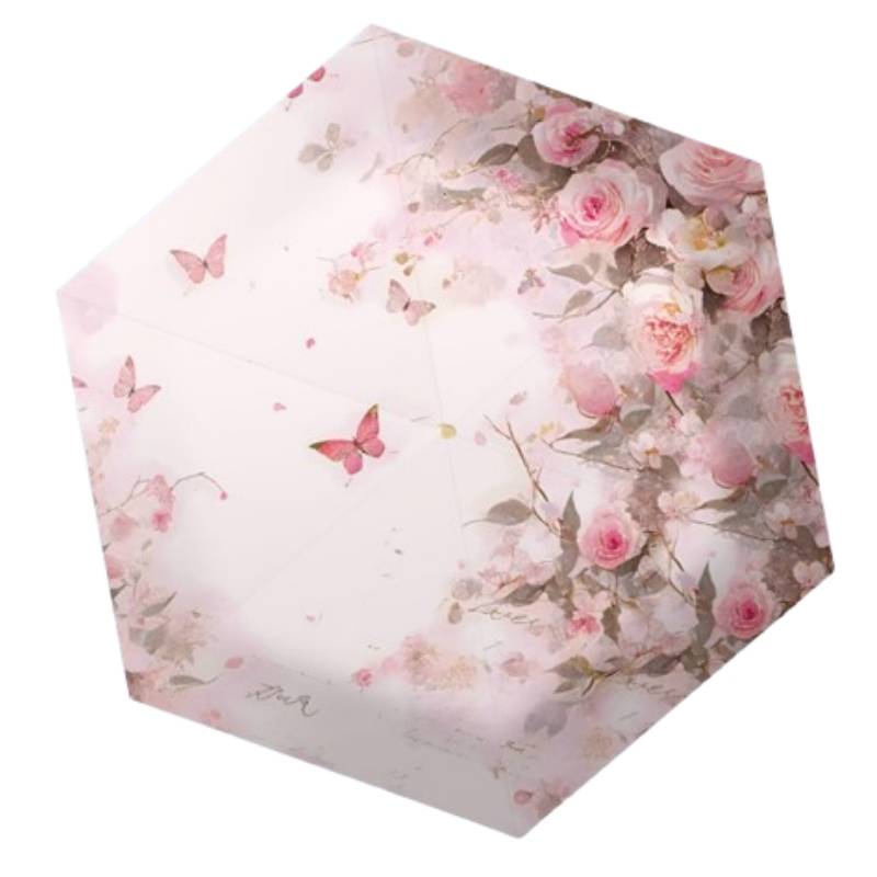 Ultraleichter Mini-Flachschirm, sechsfach faltbar – Blumendesign, Goldrahmen, UV-Schutz