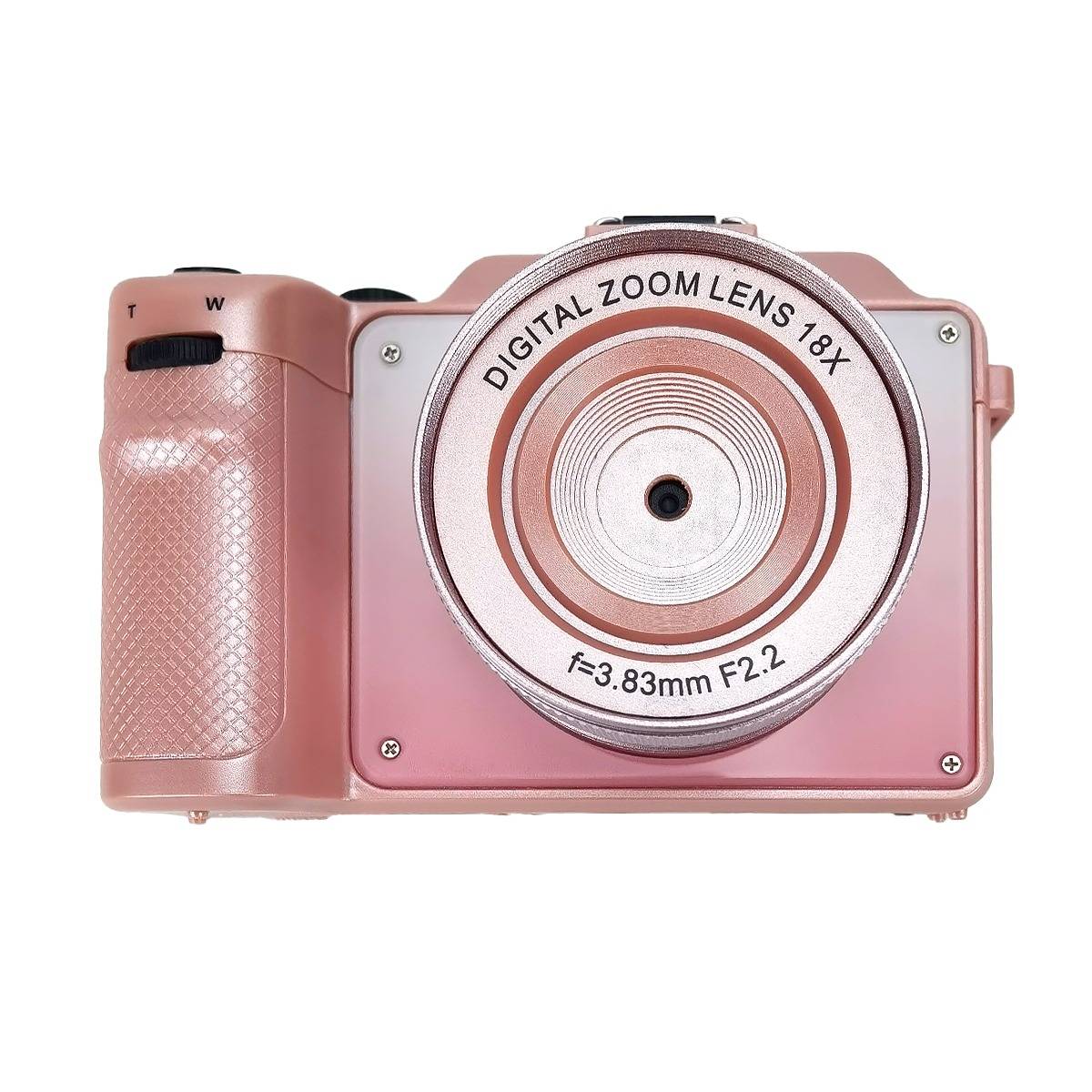 Rosa kompakte Digitalkamera mit 18x Zoomobjektiv, Vorderansicht auf weißem Hintergrund dargestellt.
