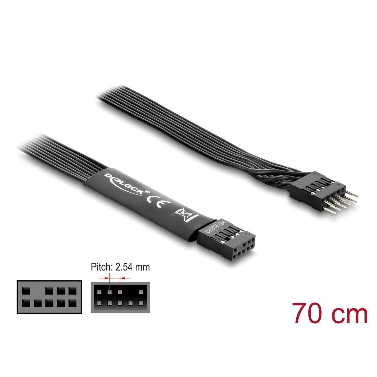 Schwarzes 70 cm Kabel mit 2,54 mm Abstand und 10-poligem Stecker, gezeigt mit eingefügtem Stecker-Pin-Layout.