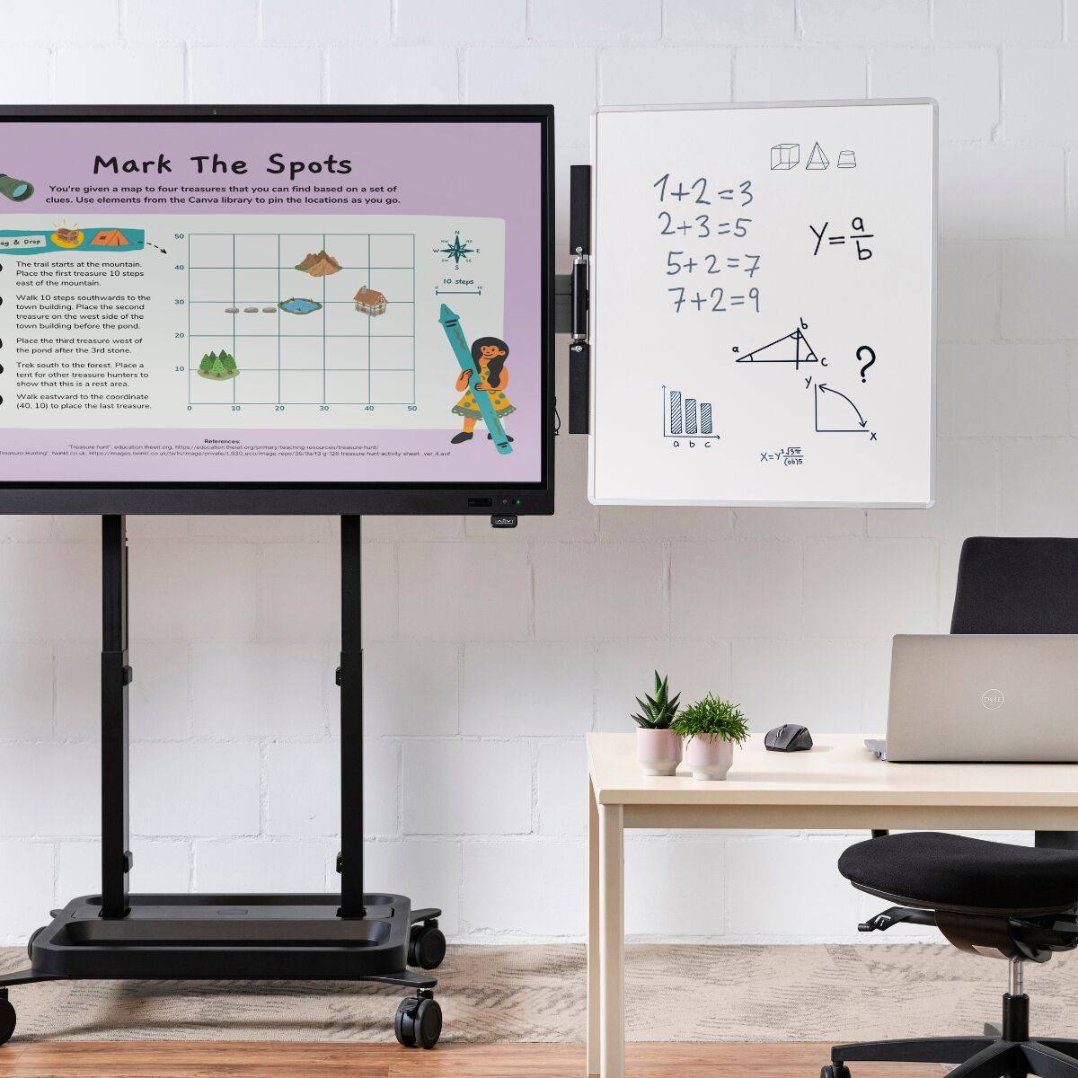Klassenzimmer oder Büroarbeitsplatz mit einem Fernseher, der eine „Mark The Spots