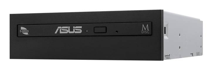 Eine Nahaufnahme eines schwarzen optischen Laufwerks mit einer rechteckigen Taste und dem teilweise sichtbaren Logo „ASUS