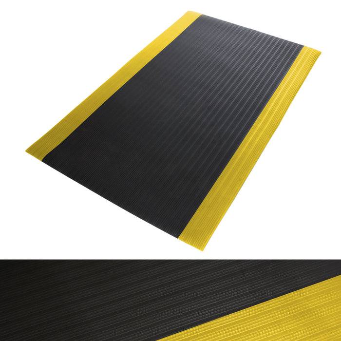 FLOORDIREKT Anti-Ermüdungsmatte Softer-Work-Mat - Dämpfende Arbeitsmatte - Entlastung für Gelenke & Wirbelsäule - 300 x 60 cm - Schwarz-Gelb