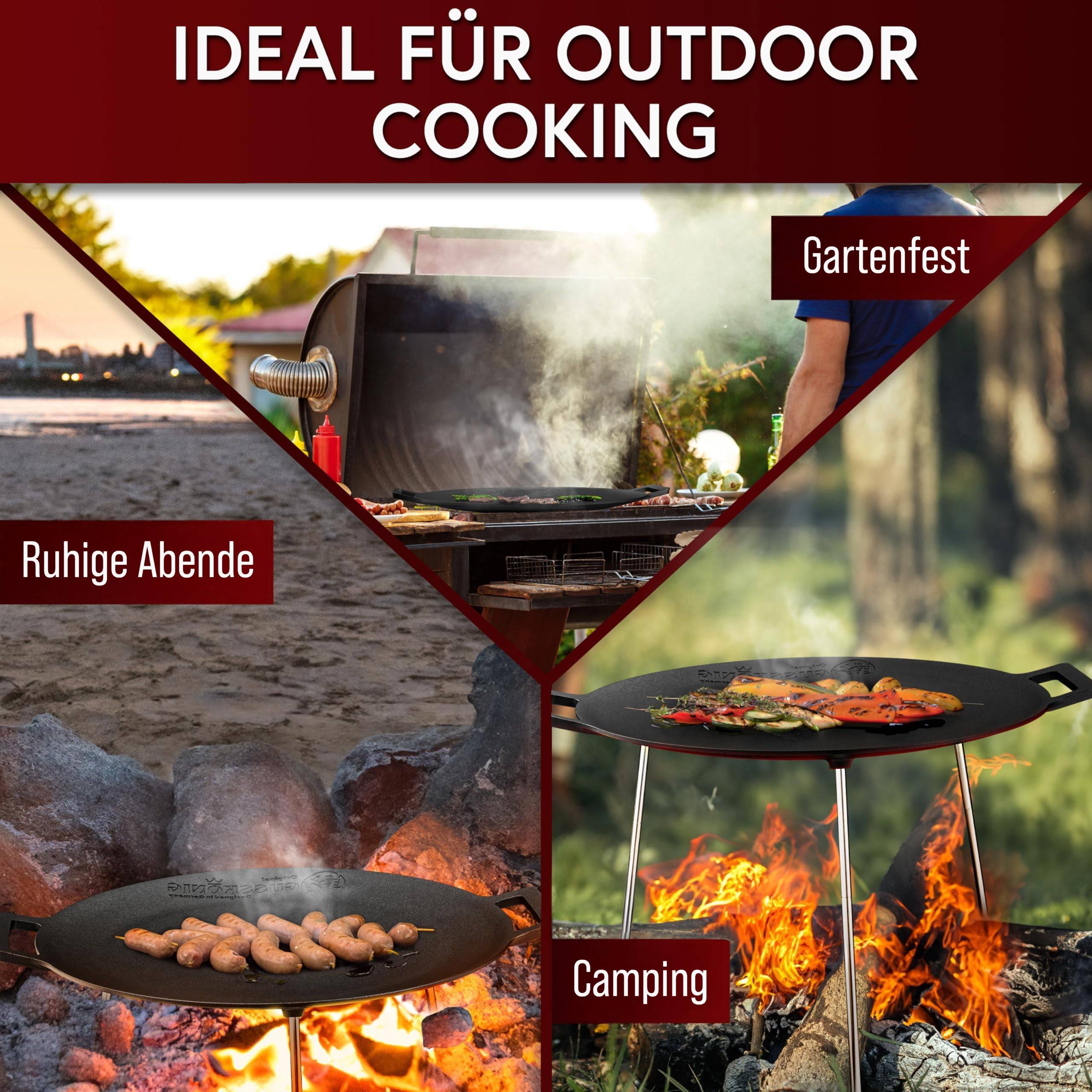 GUSSKÖNIG Gusseisen Grillplatte Ø42cm mit 3 Edelstahl Beinen Pflegepaste