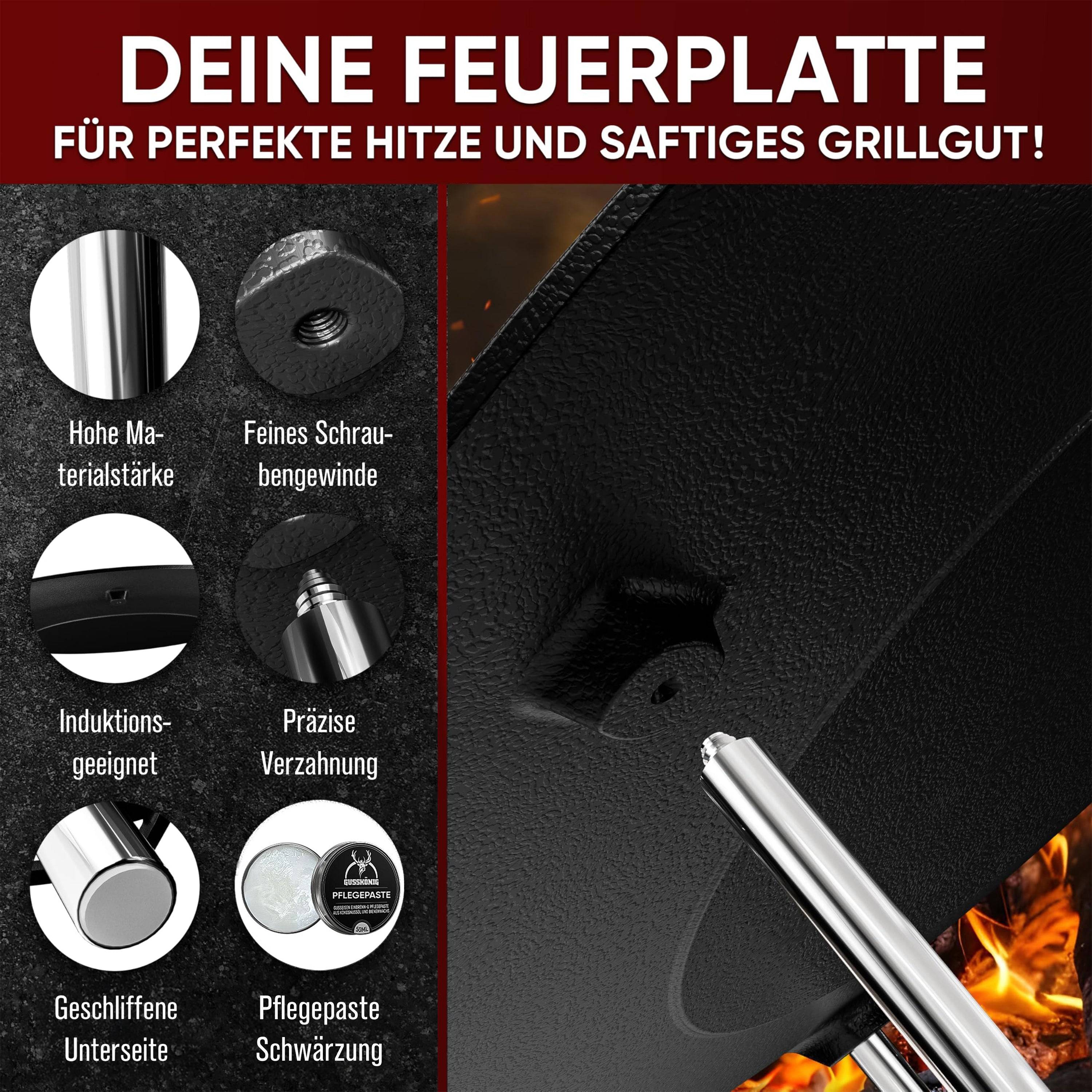 GUSSKÖNIG Gusseisen Grillplatte Ø42cm mit 3 Edelstahl Beinen Pflegepaste