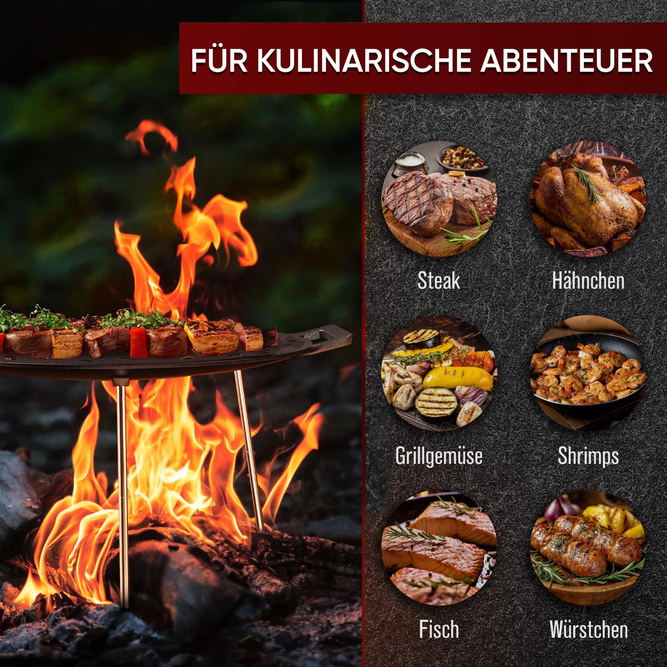 GUSSKÖNIG Gusseisen Grillplatte Ø42cm mit 3 Edelstahl Beinen Pflegepaste