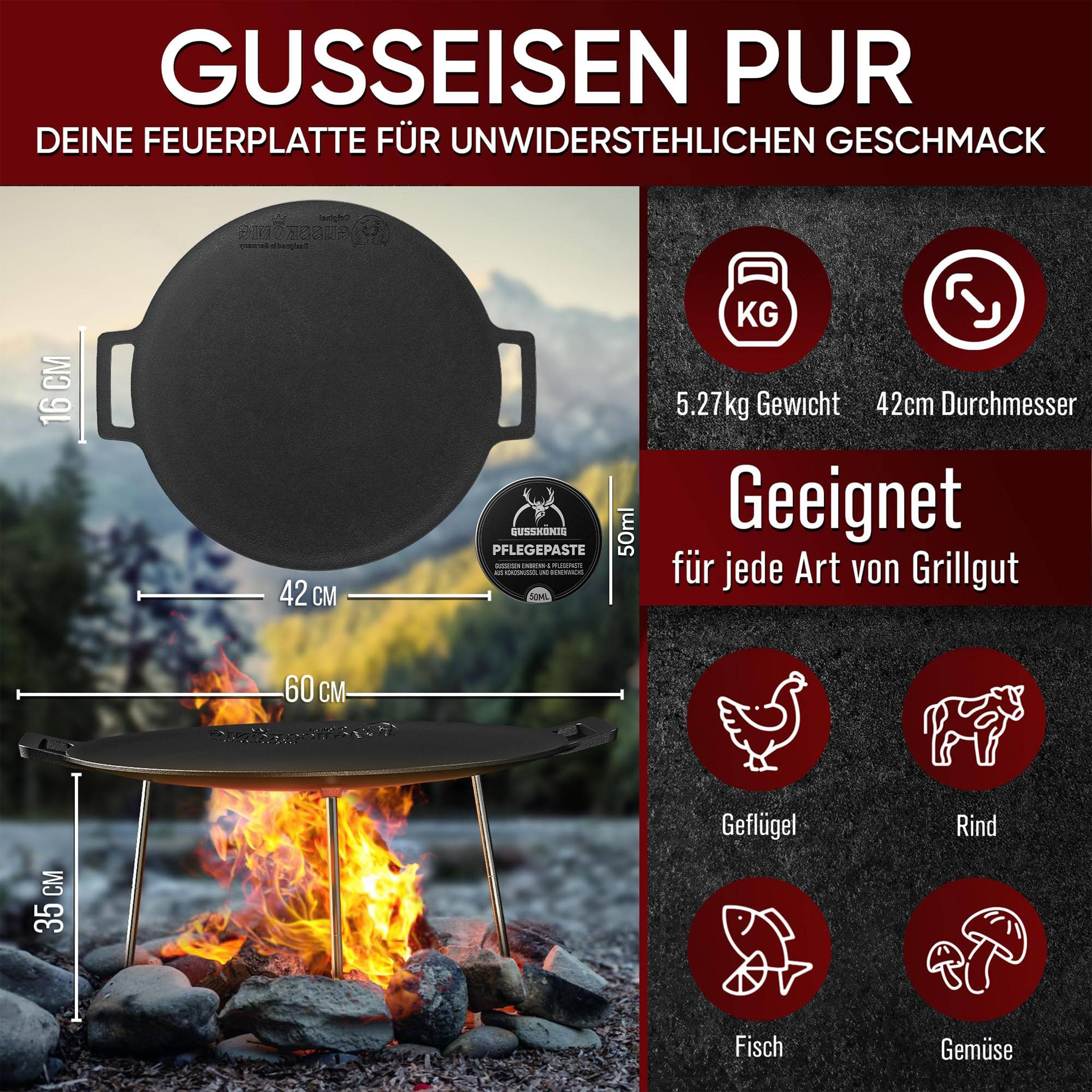 GUSSKÖNIG Gusseisen Grillplatte Ø42cm mit 3 Edelstahl Beinen Pflegepaste