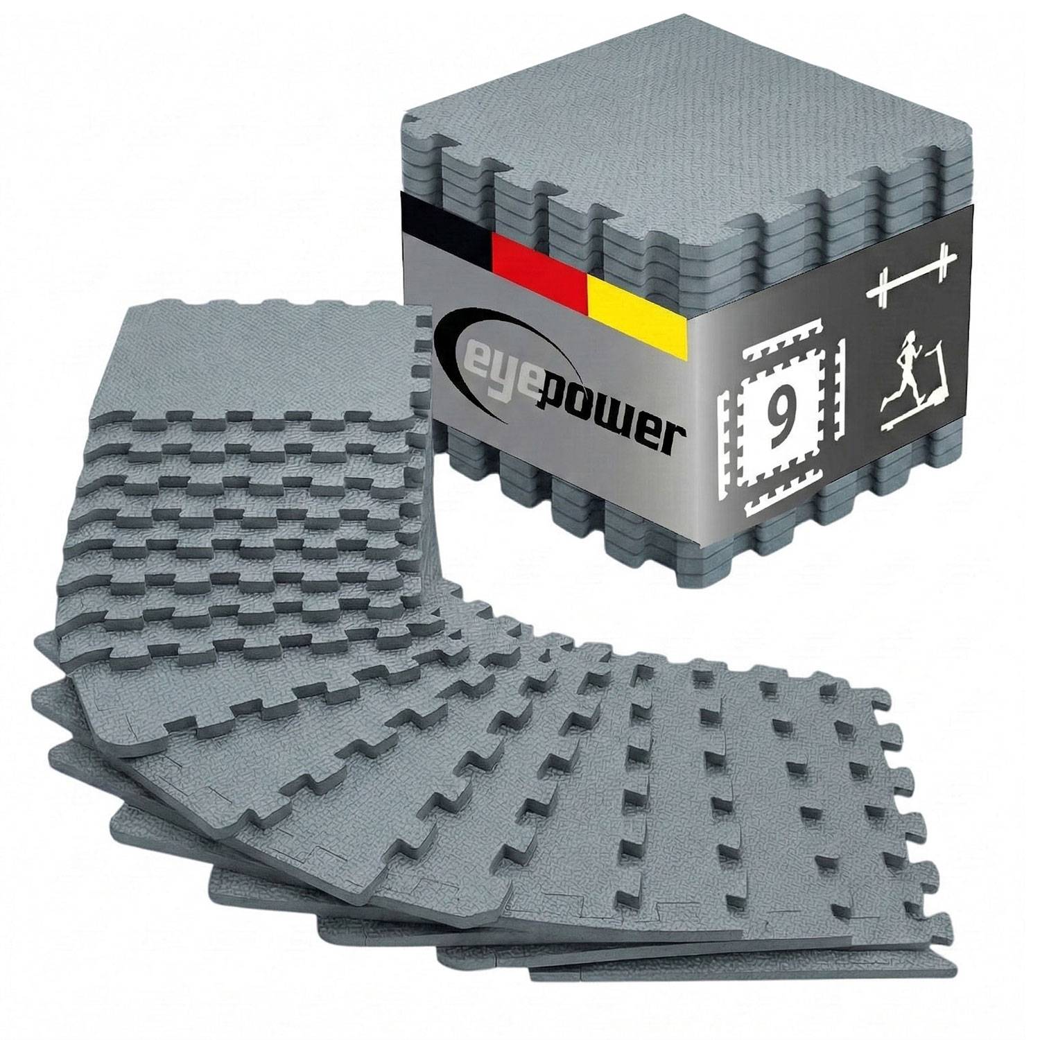 9 Puzzlematten Bodenschutz Fitness - 30x30 Grau - Sport Bodenmatte Home Gym