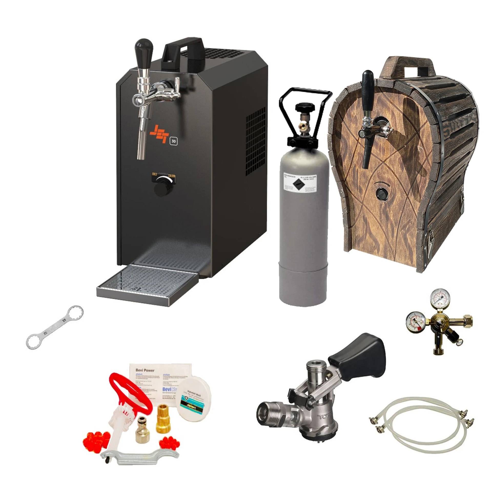JET 30 Zapfanlage Komplett-Set mit CO2-Flasche Holzfass und Reinigungsset – 5-Liter-Fassadapter